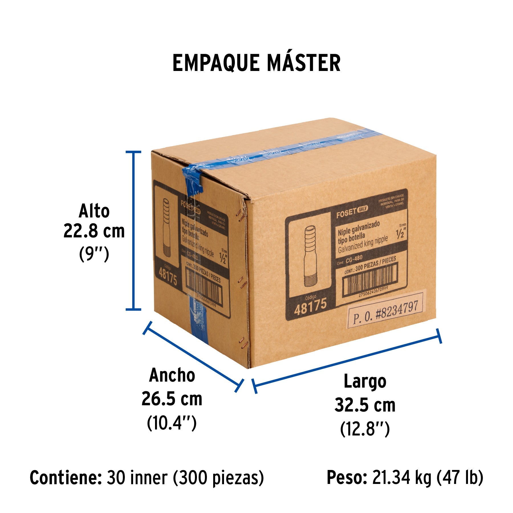 Niple de acero galvanizado 1/2" tipo botella, FOSET - Empaque