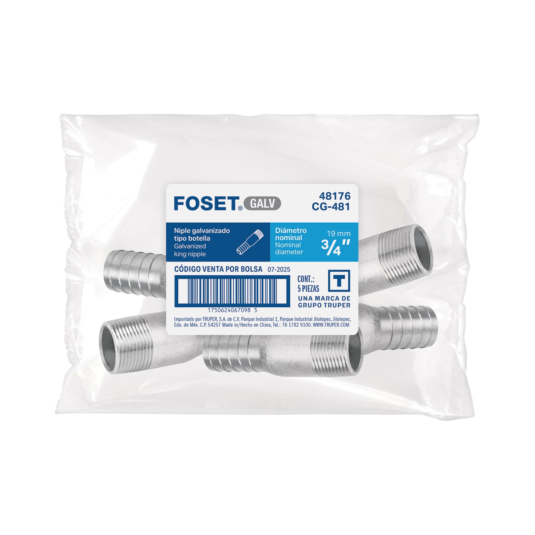 Niple de acero galvanizado 3/4" tipo botella, FOSET