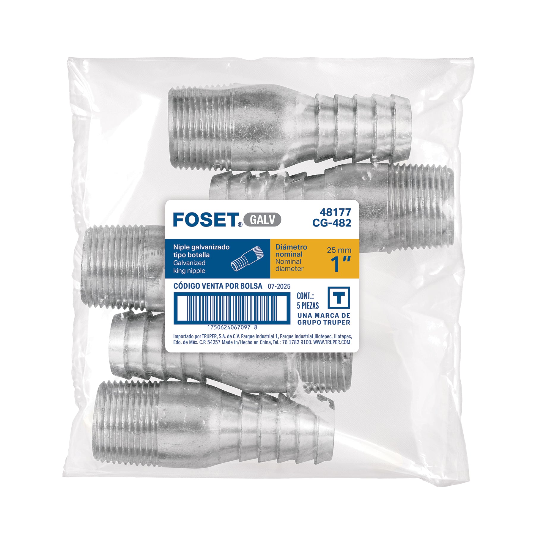Niple de acero galvanizado 1" tipo botella, FOSET