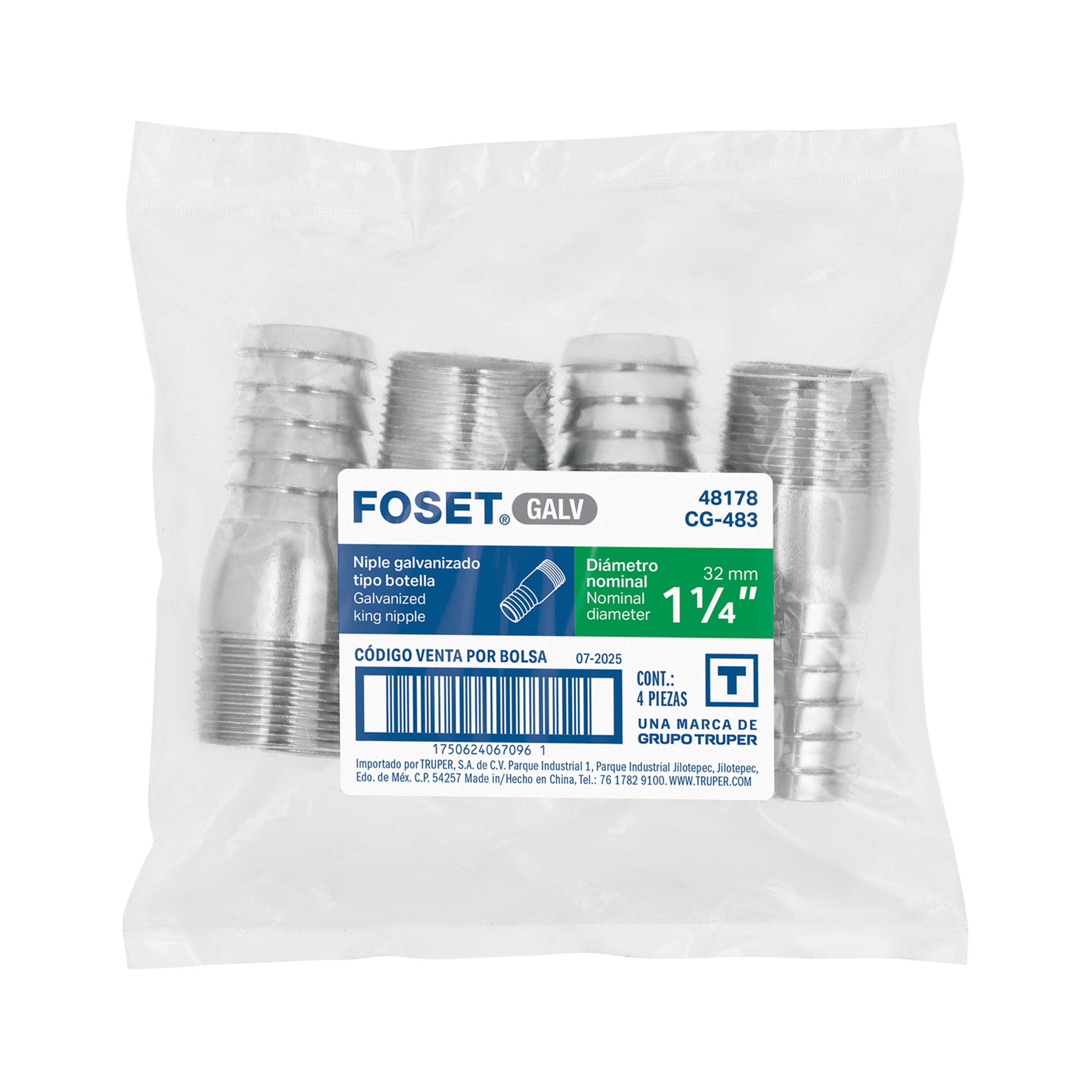 Niple de acero galvanizado 1-1/4" tipo botella, FOSET