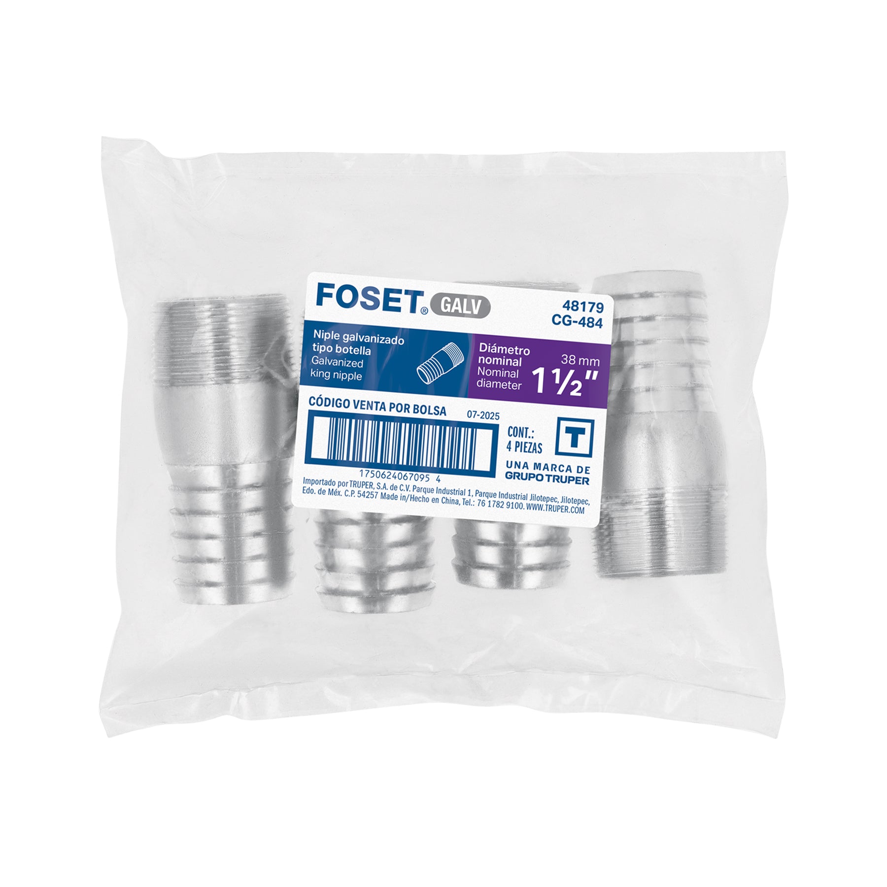 Niple de acero galvanizado 1-1/2" tipo botella, FOSET