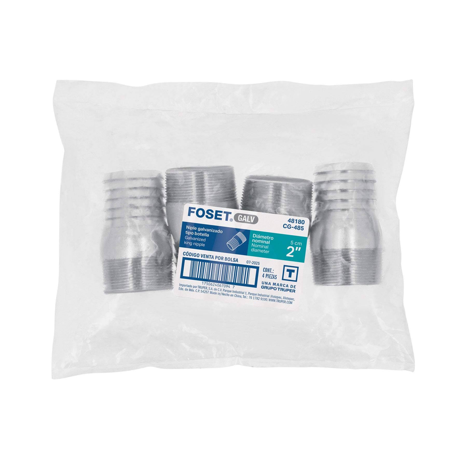 Niple de acero galvanizado 2" tipo botella, FOSET