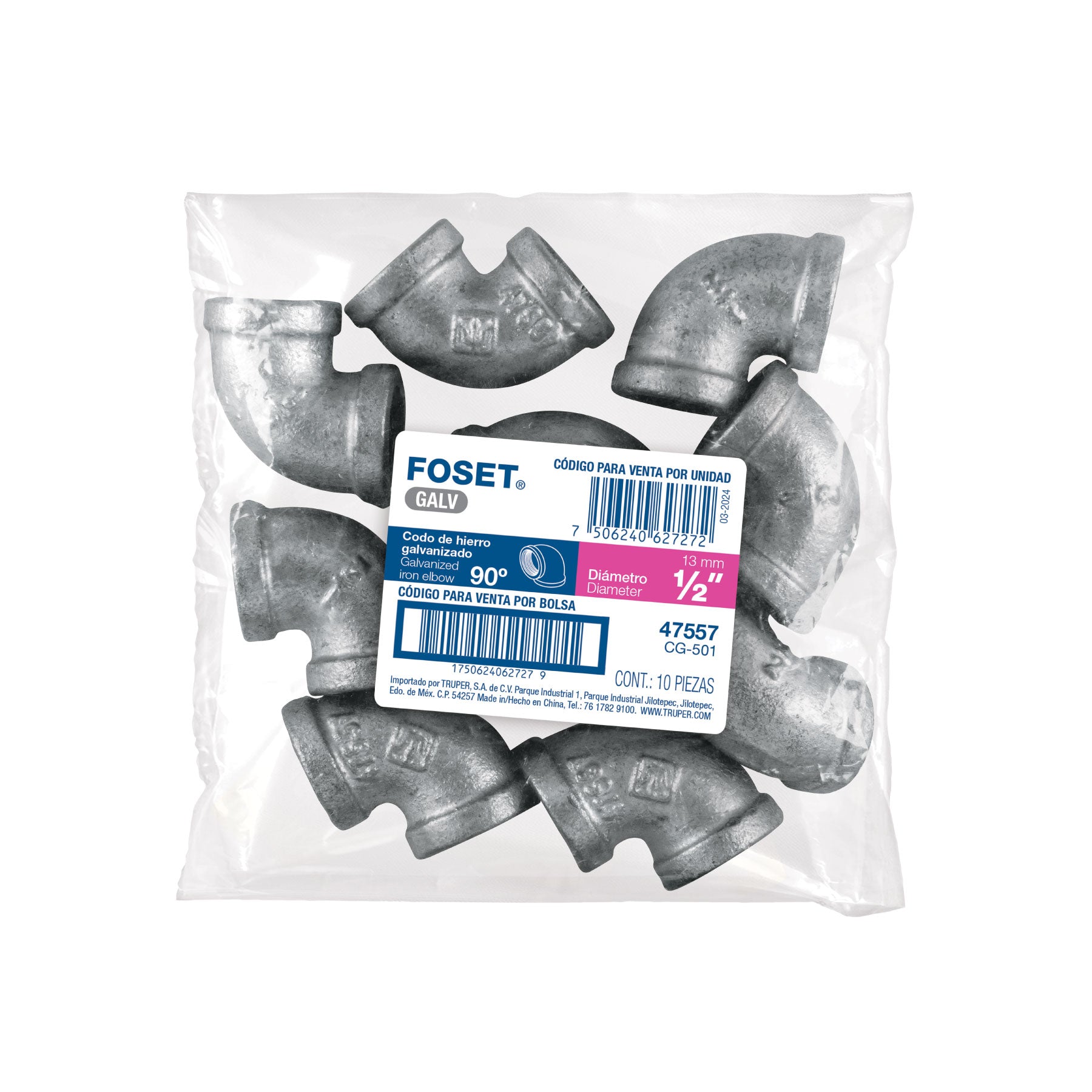 Codo 90° acero galvanizado de 1/2", FOSET