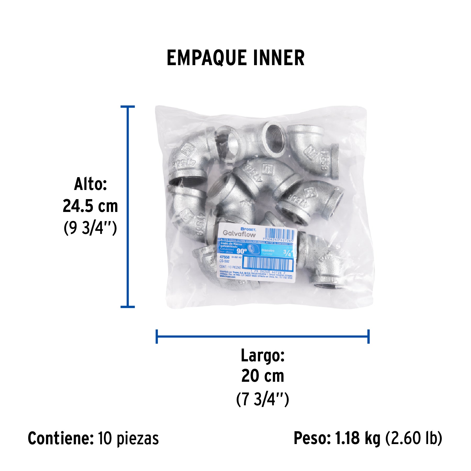 Codo 90° acero galvanizado de 3/4", FOSET - Empaque