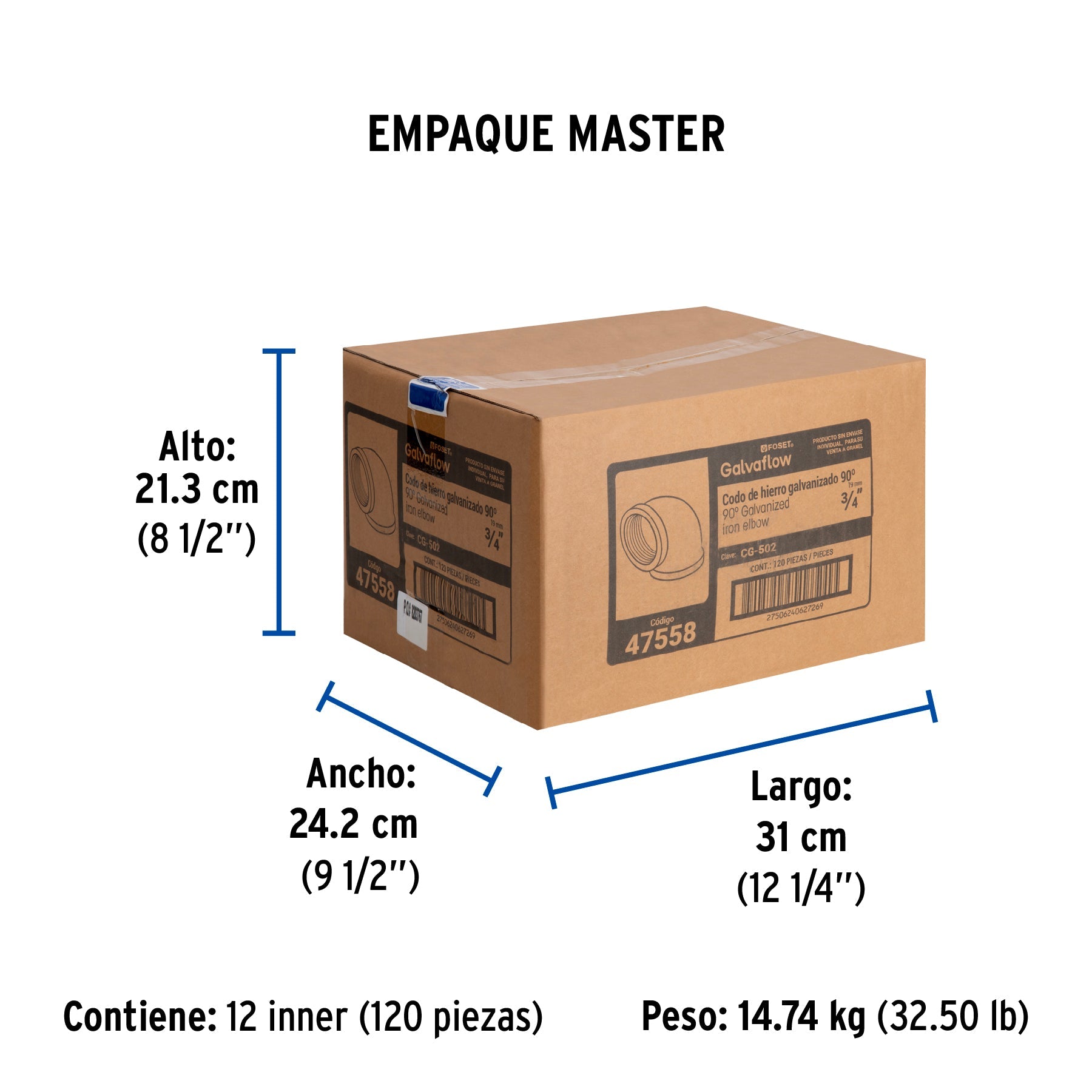 Codo 90° acero galvanizado de 3/4", FOSET - Empaque