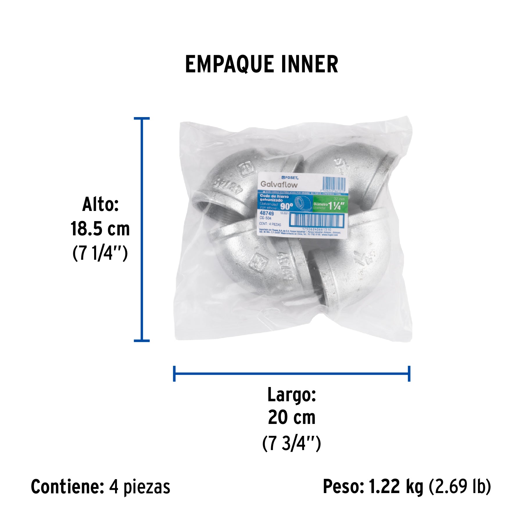 Codo 90° acero galvanizado de 1-1/4", FOSET - Empaque