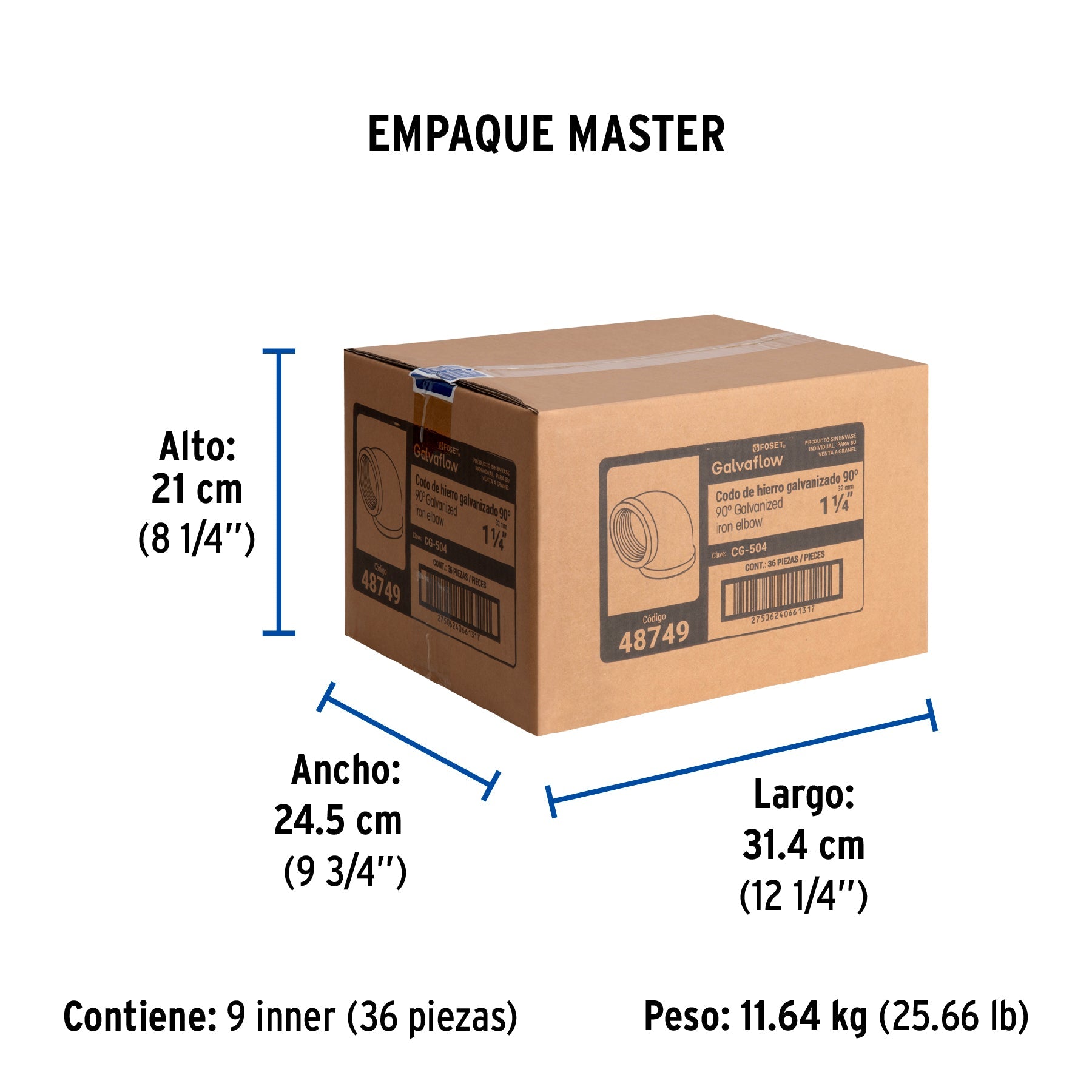 Codo 90° acero galvanizado de 1-1/4", FOSET - Empaque