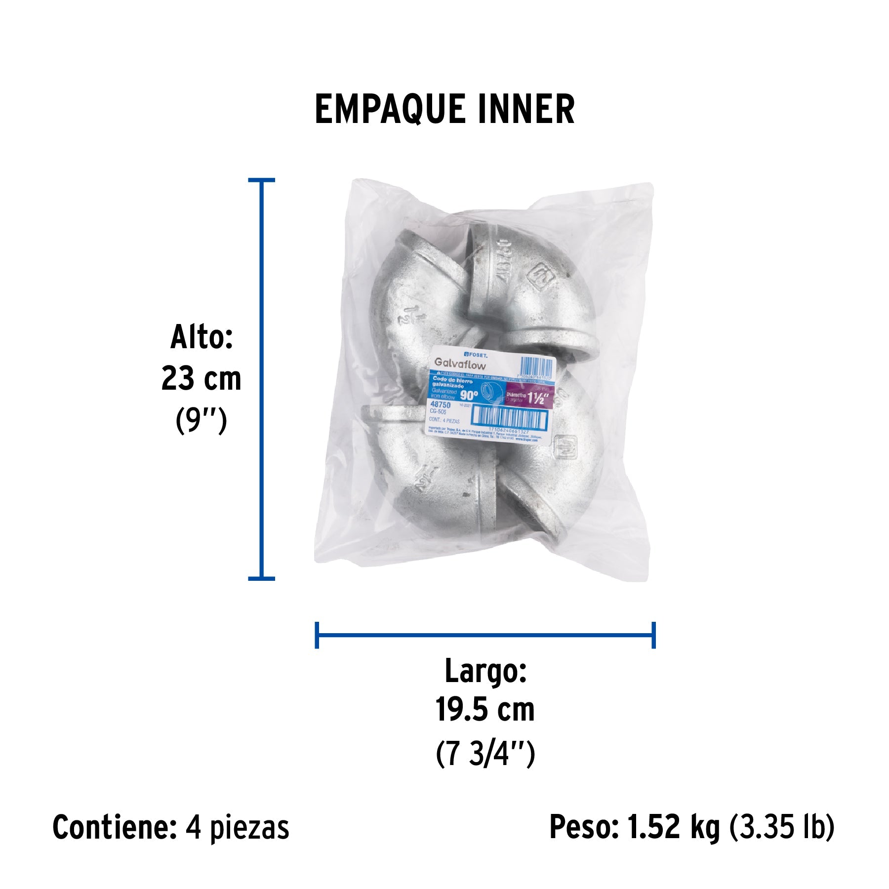 Codo 90° acero galvanizado de 1-1/2", FOSET - Empaque