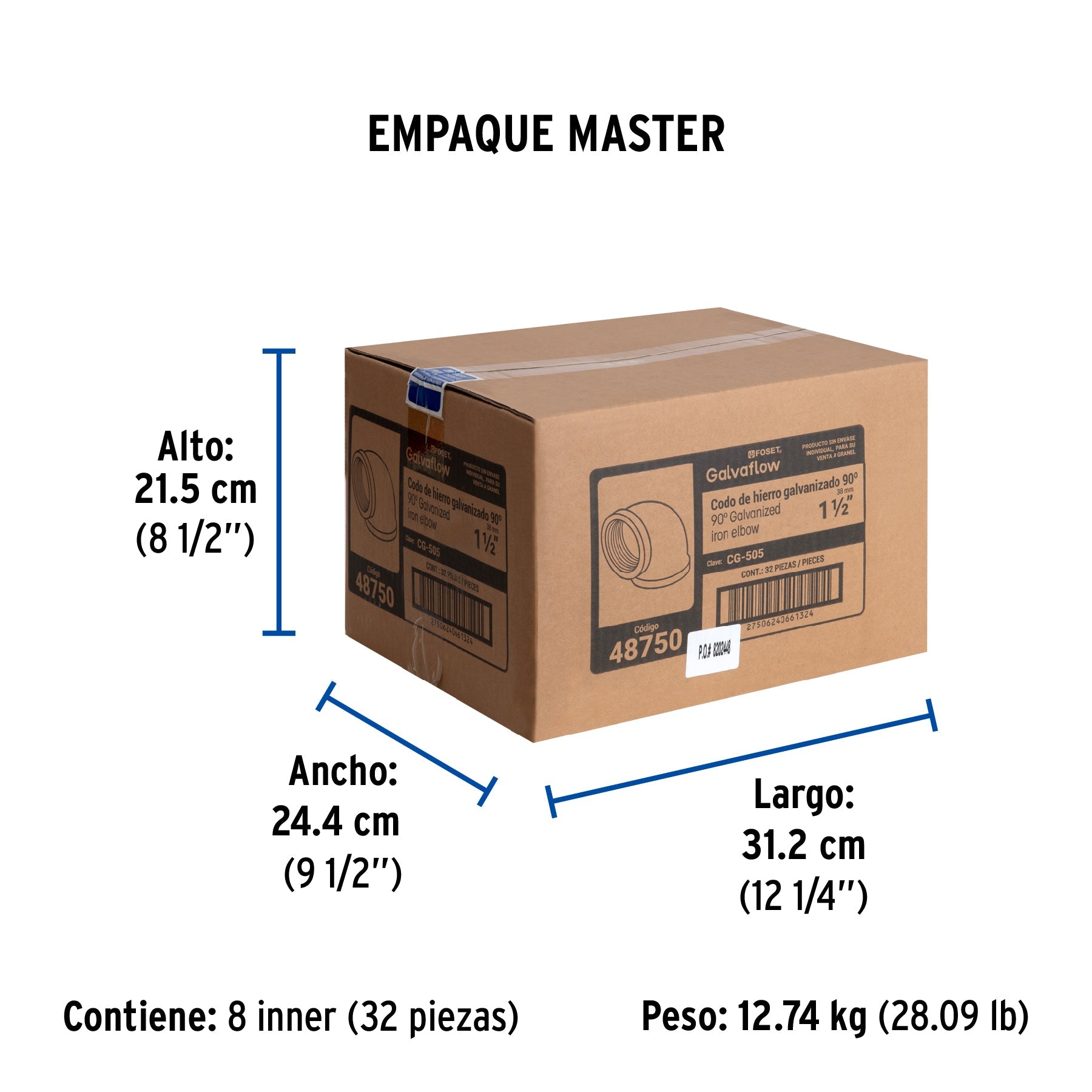 Codo 90° acero galvanizado de 1-1/2", FOSET - Empaque
