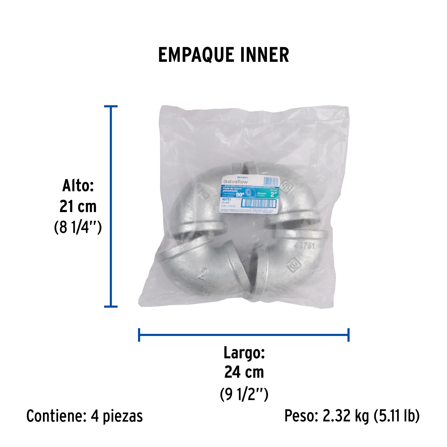Codo 90° acero galvanizado de 2", FOSET - Empaque