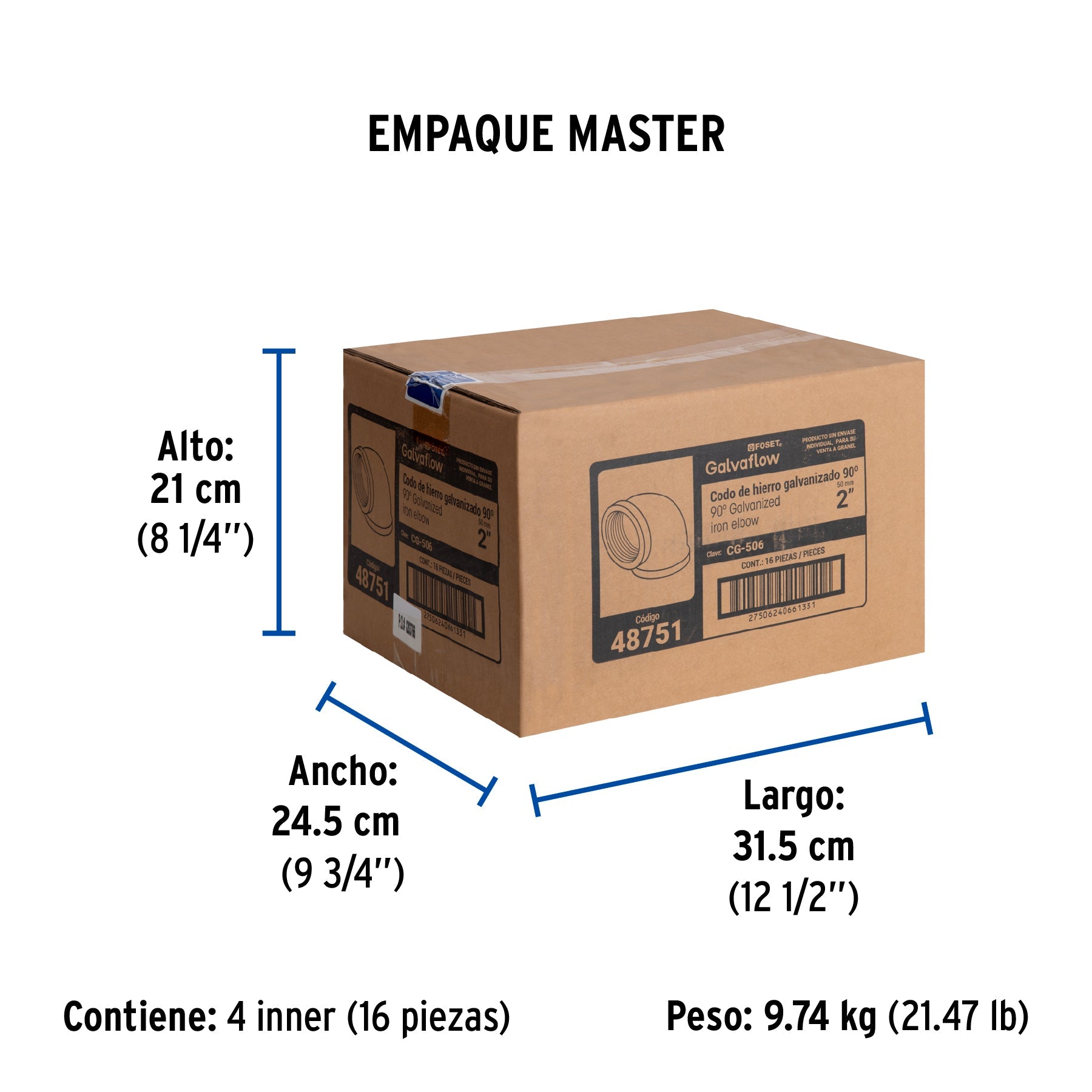 Codo 90° acero galvanizado de 2", FOSET - Empaque