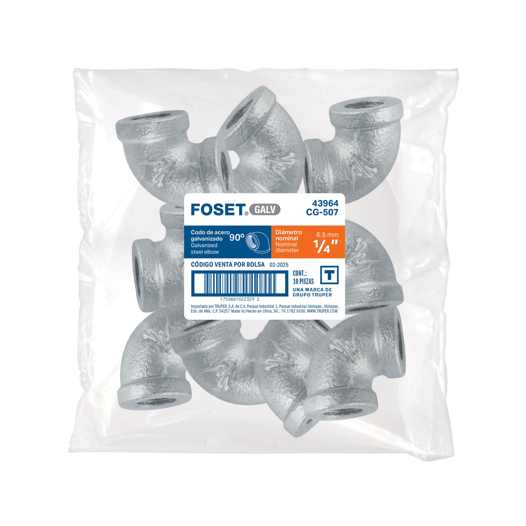 Codo 90° acero galvanizado de 1/4", FOSET
