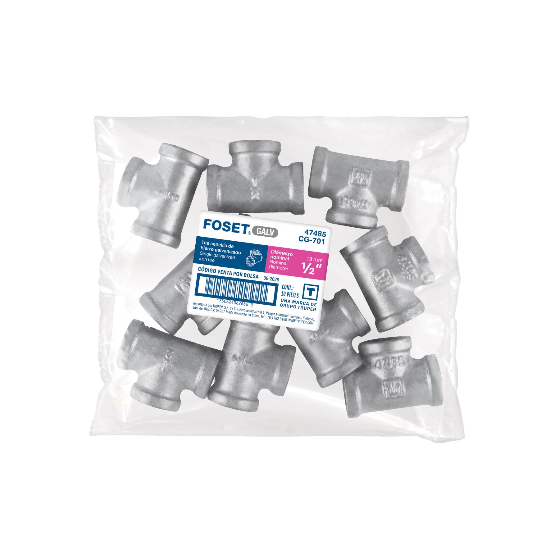 Tee sencilla 1/2" acero galvanizado, FOSET