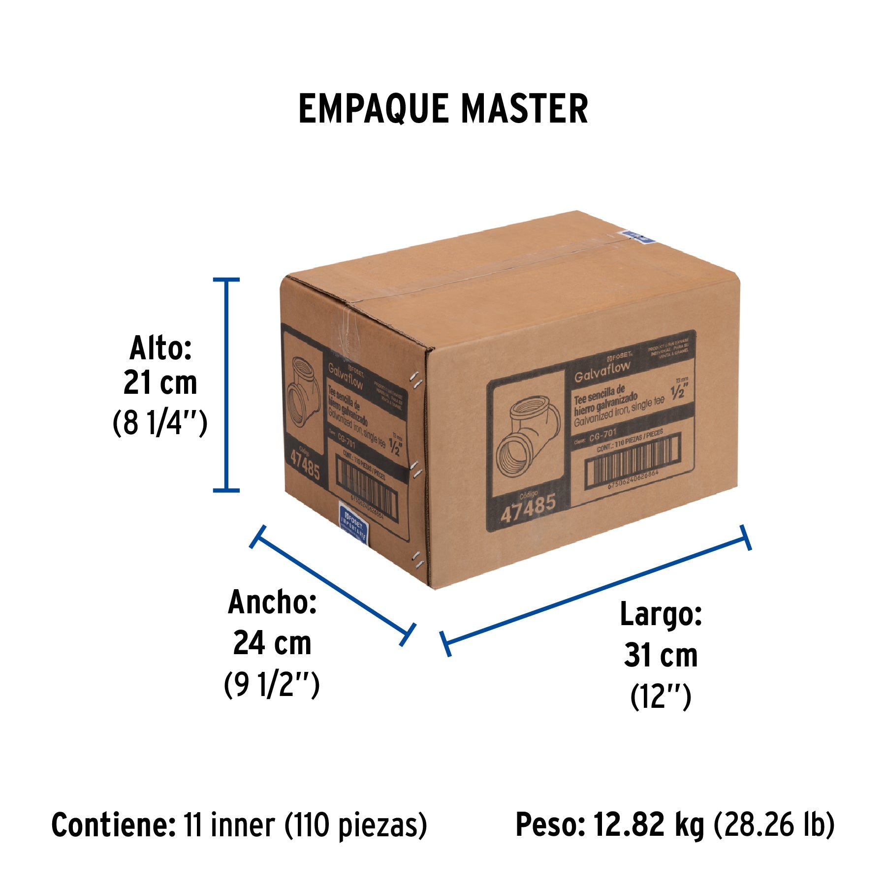 Tee sencilla 1/2" acero galvanizado, FOSET - Empaque
