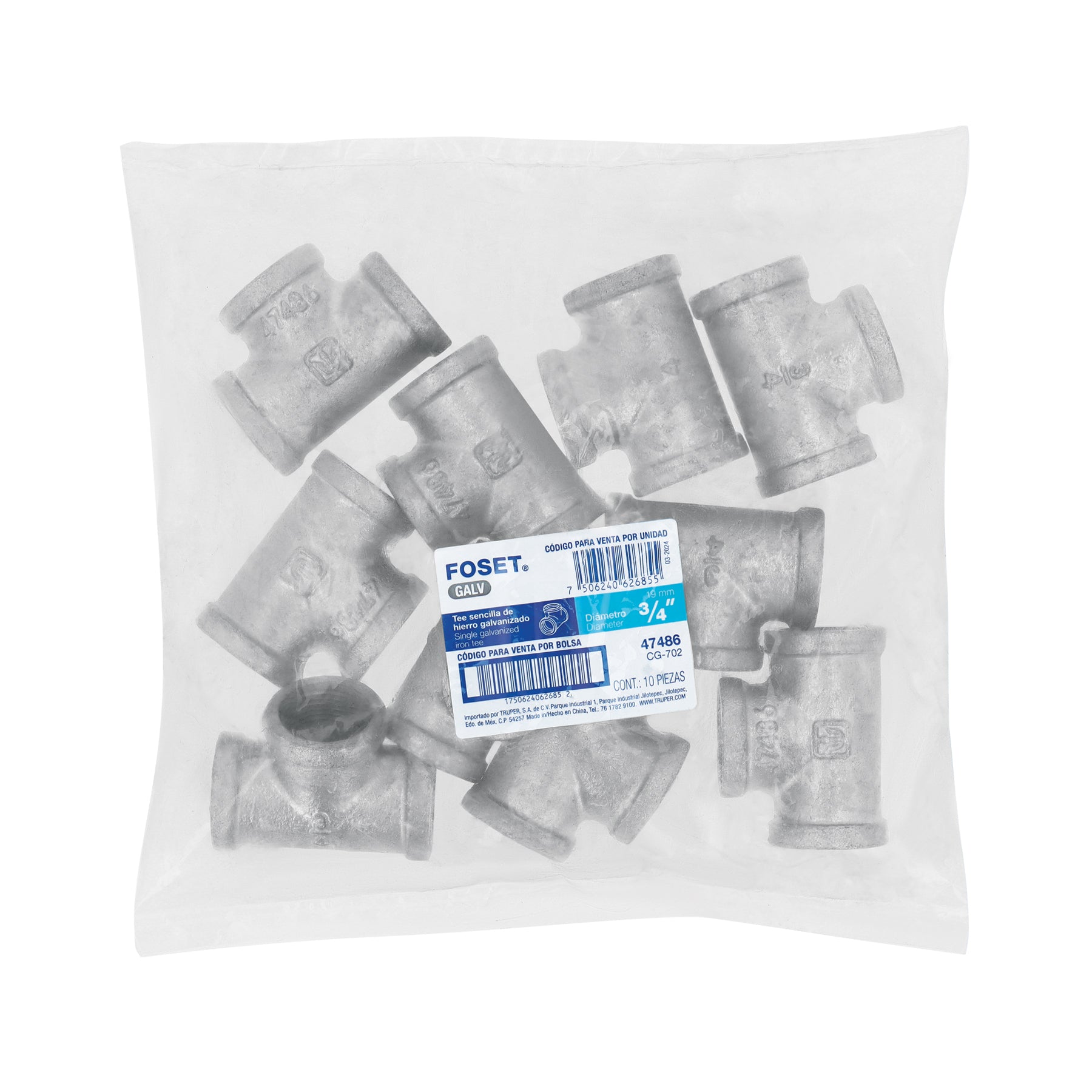 Tee sencilla 3/4" acero galvanizado, FOSET