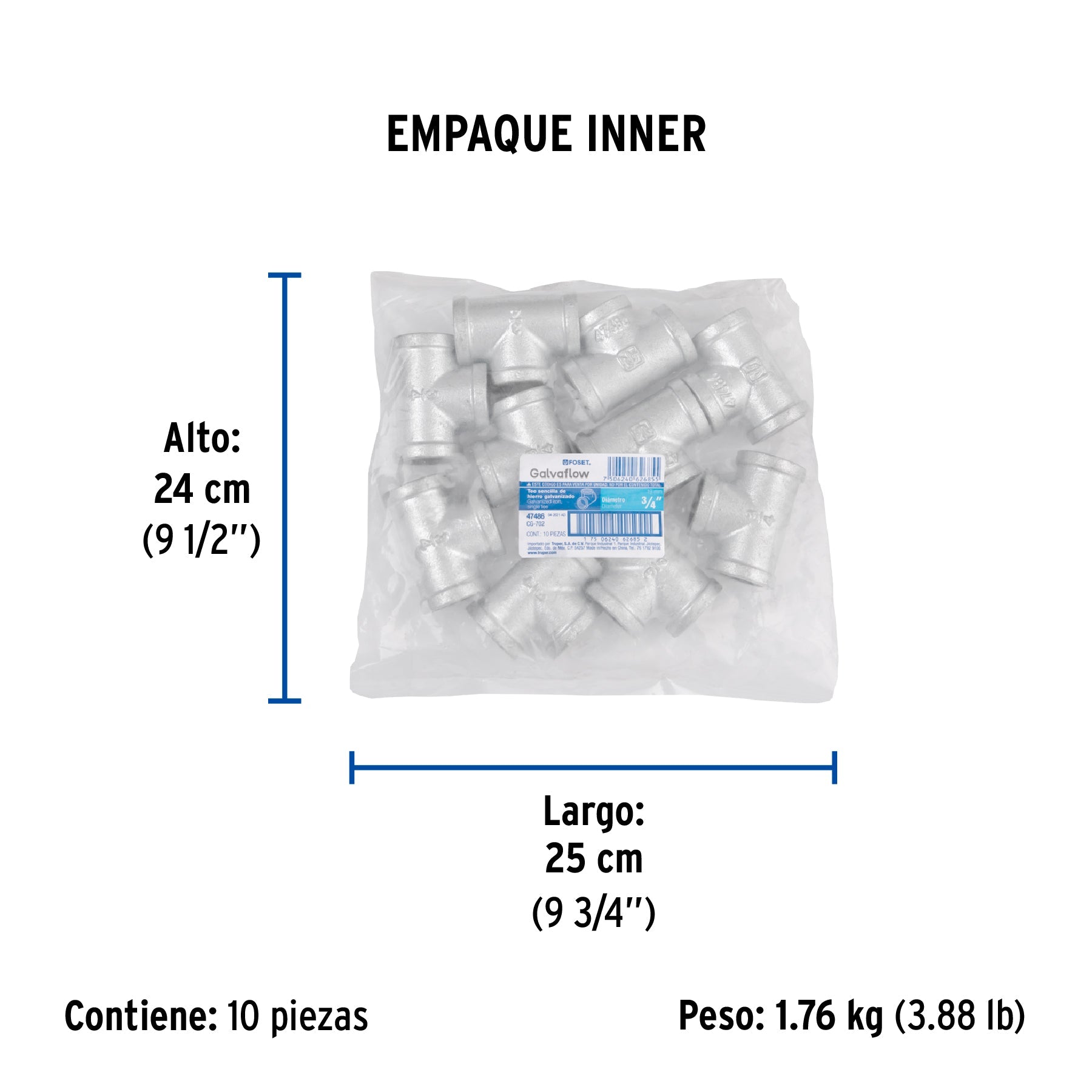 Tee sencilla 3/4" acero galvanizado, FOSET - Empaque