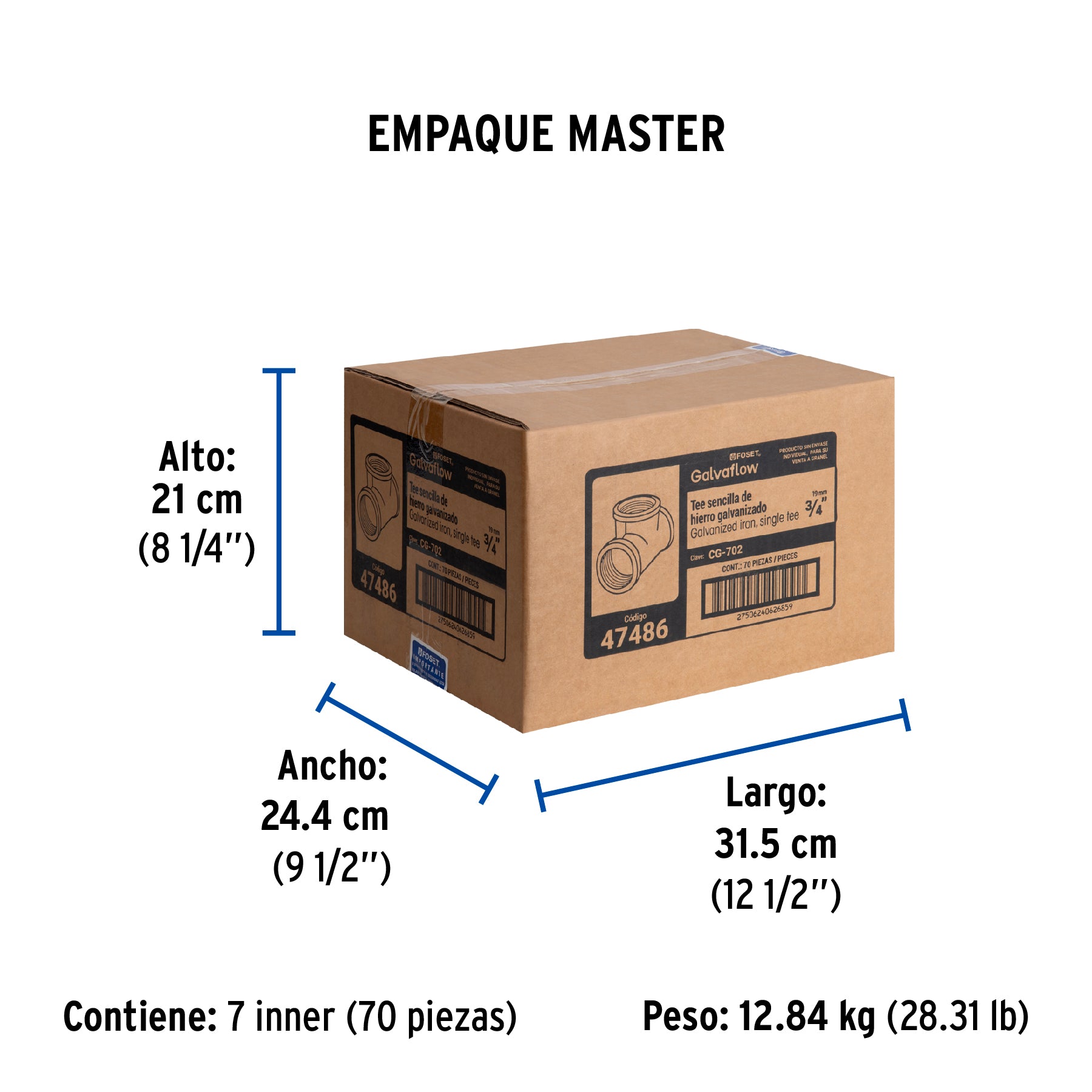 Tee sencilla 3/4" acero galvanizado, FOSET - Empaque