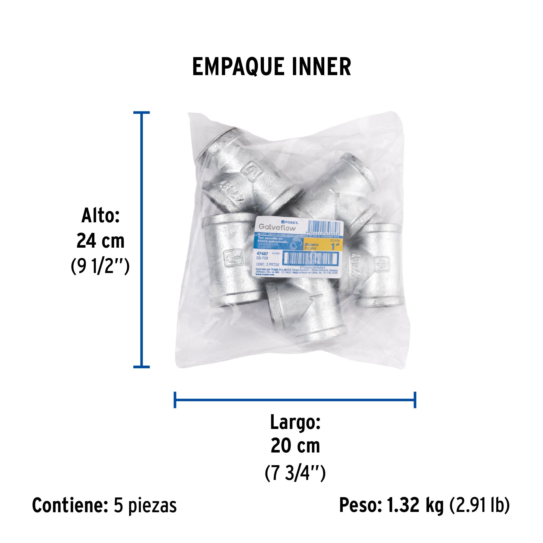 Tee sencilla 1" acero galvanizado, FOSET - Empaque