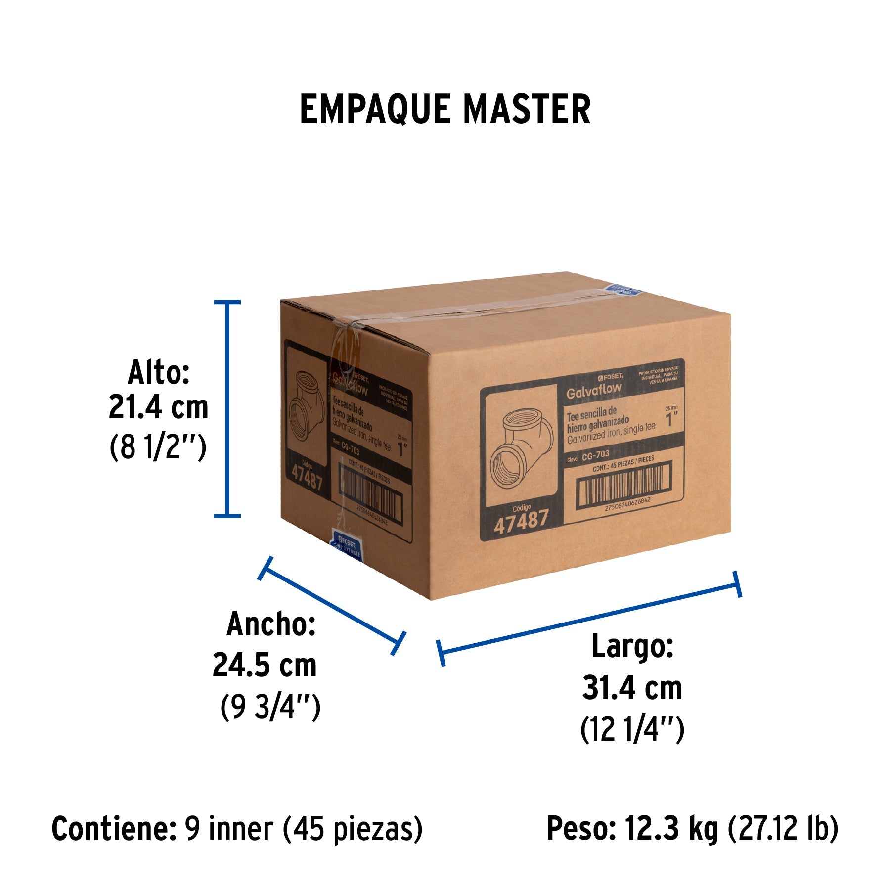 Tee sencilla 1" acero galvanizado, FOSET - Empaque