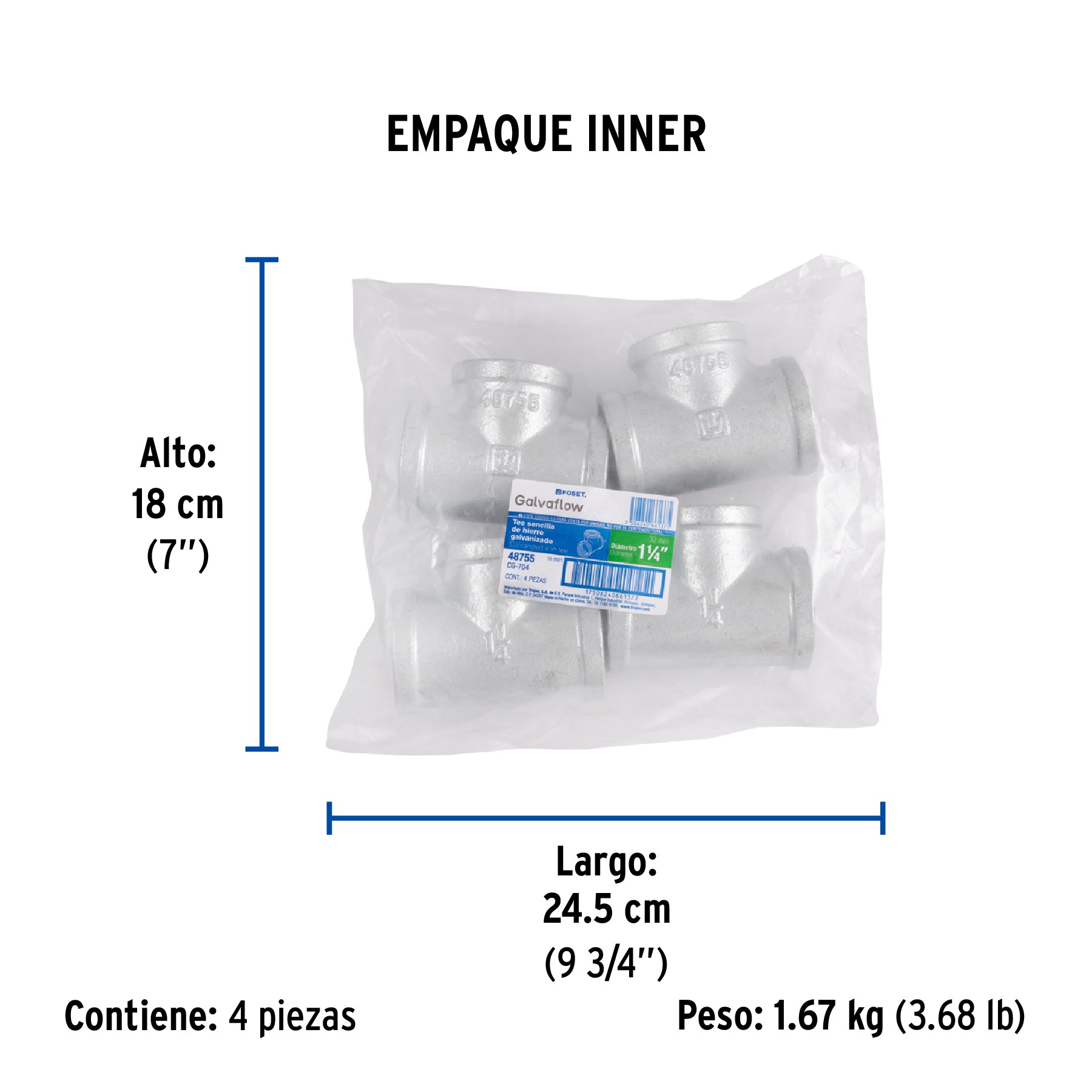 Tee sencilla 1-1/4" acero galvanizado, FOSET - Empaque