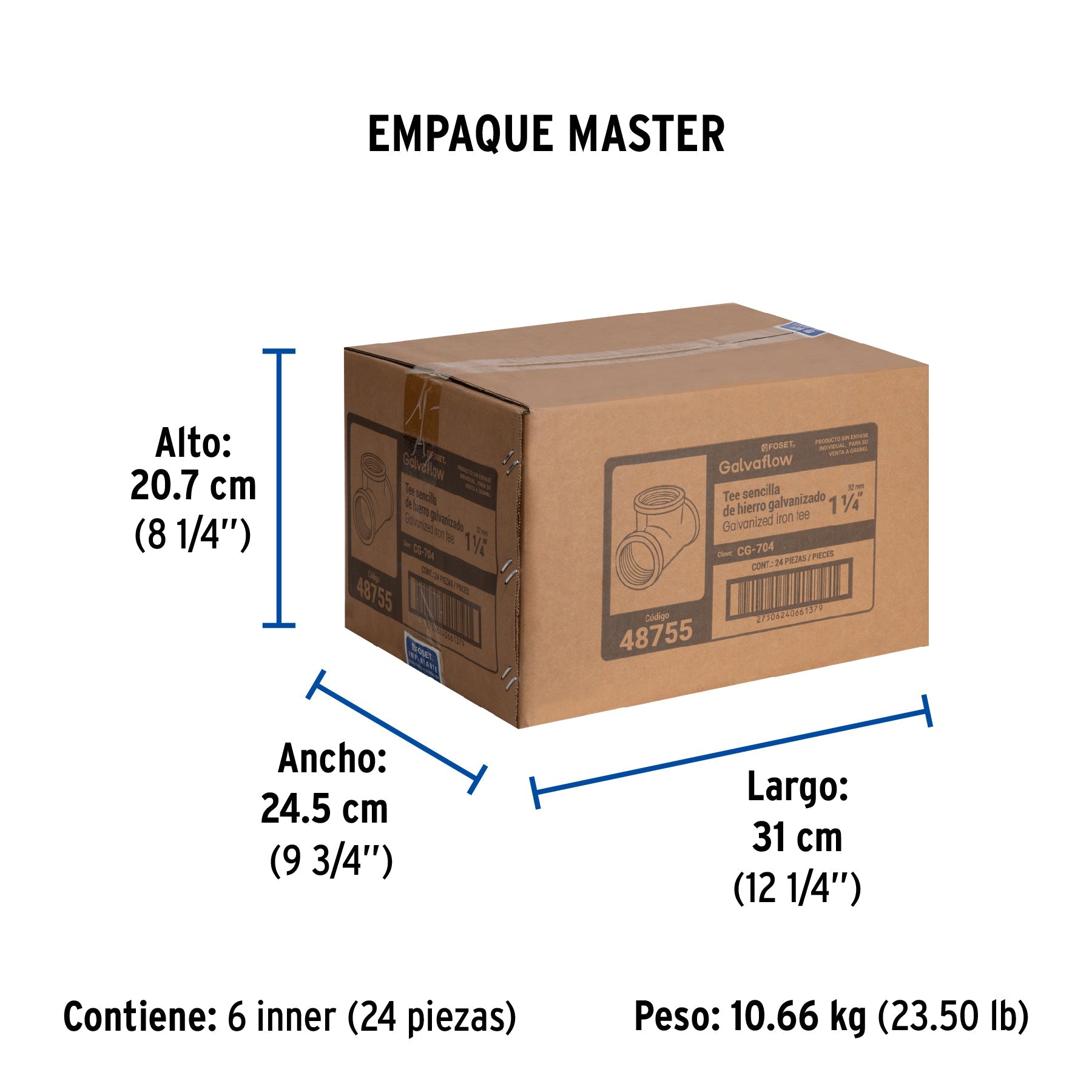 Tee sencilla 1-1/4" acero galvanizado, FOSET - Empaque