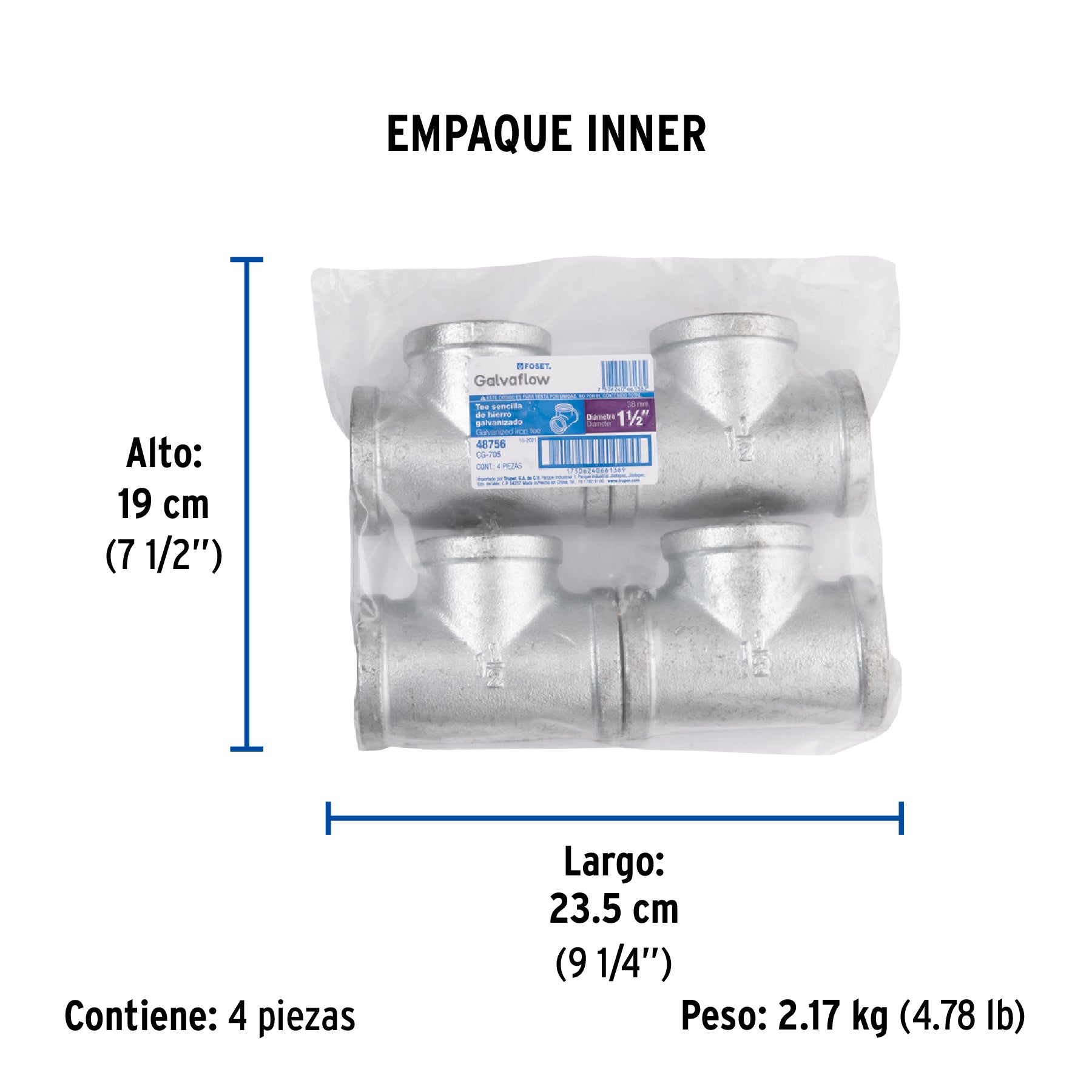 Tee sencilla 1-1/2" acero galvanizado, FOSET - Empaque