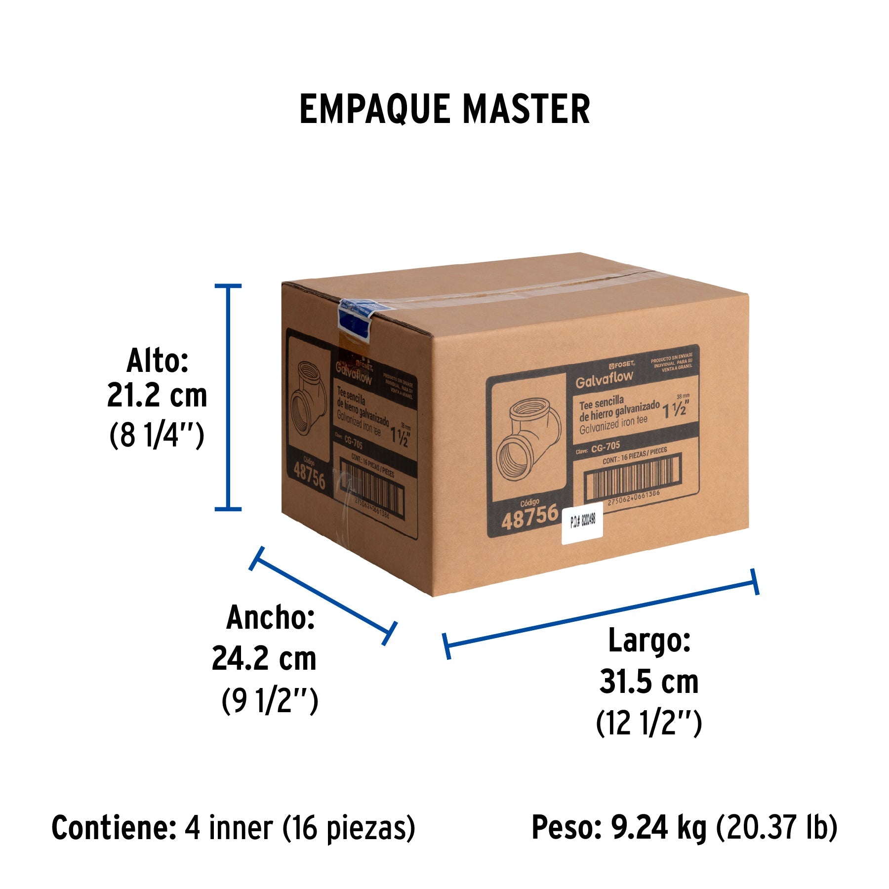 Tee sencilla 1-1/2" acero galvanizado, FOSET - Empaque