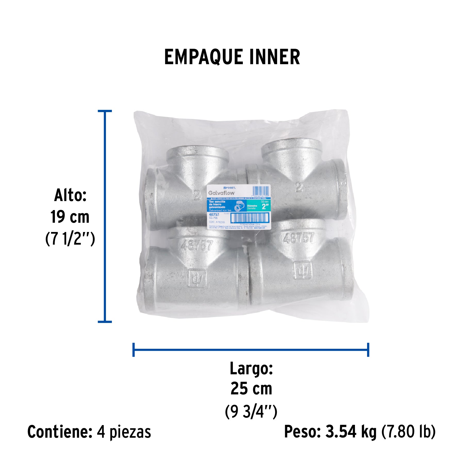 Tee sencilla 2" acero galvanizado, FOSET - Empaque