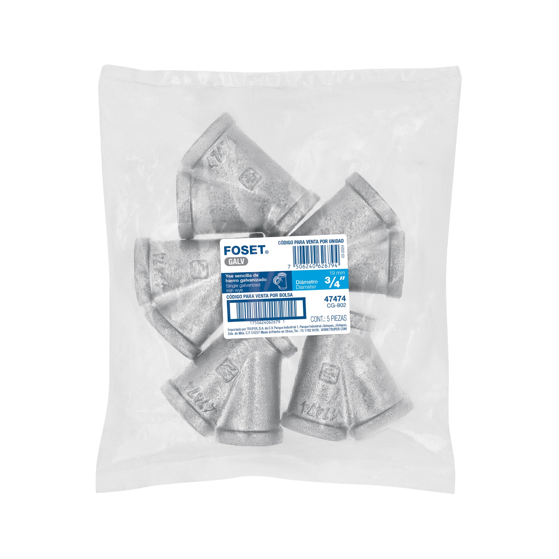 Yee sencilla 3/4" acero galvanizado, FOSET