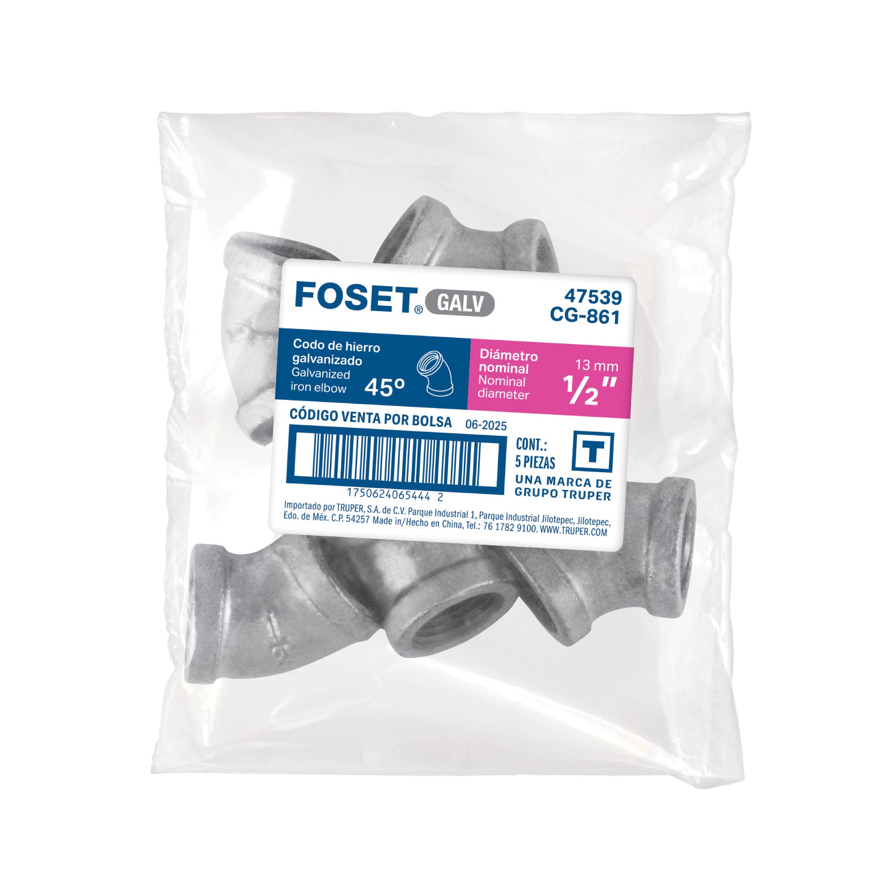 Codo 45° acero galvanizado de 1/2", FOSET