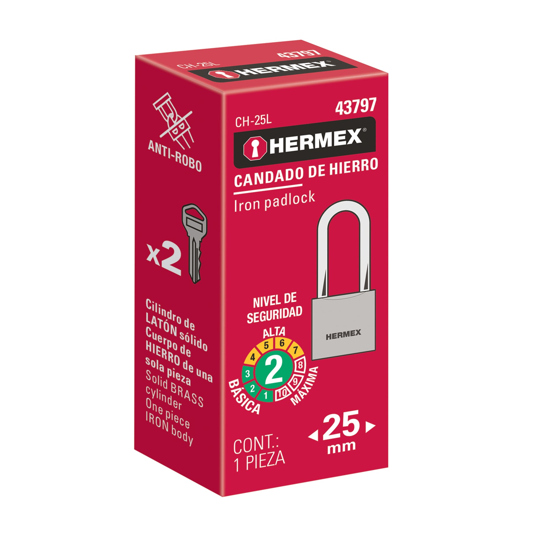 Candado de hierro 25 mm, gancho largo en caja, HERMEX