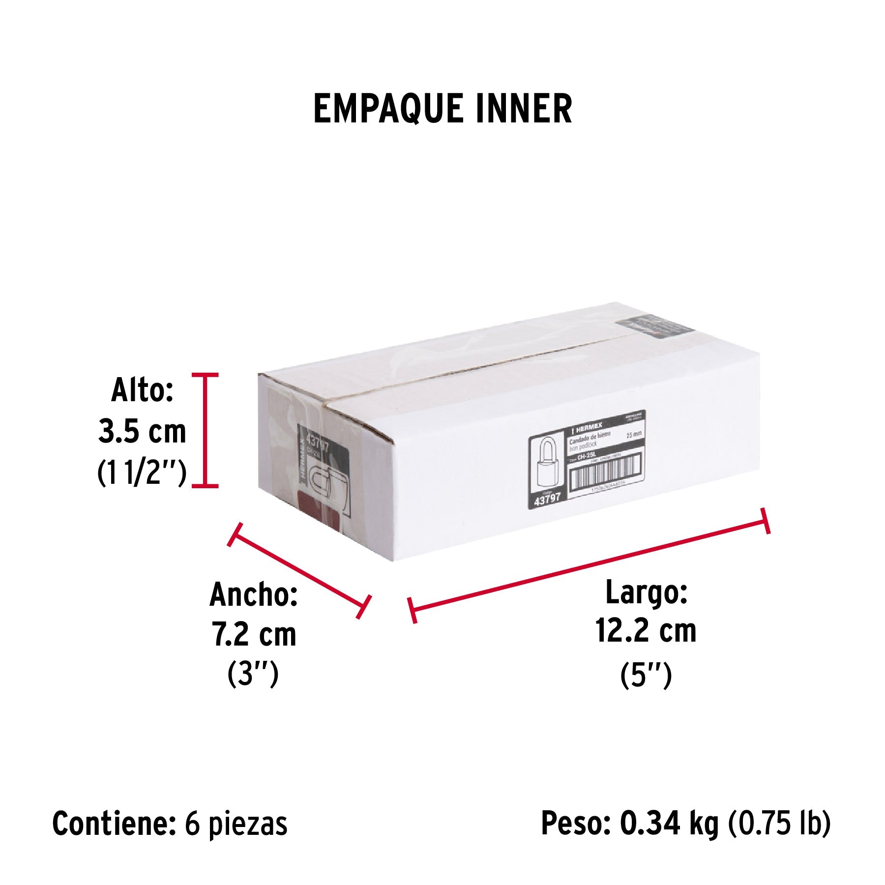 Candado de hierro 25 mm, gancho largo en caja, HERMEX - Empaque