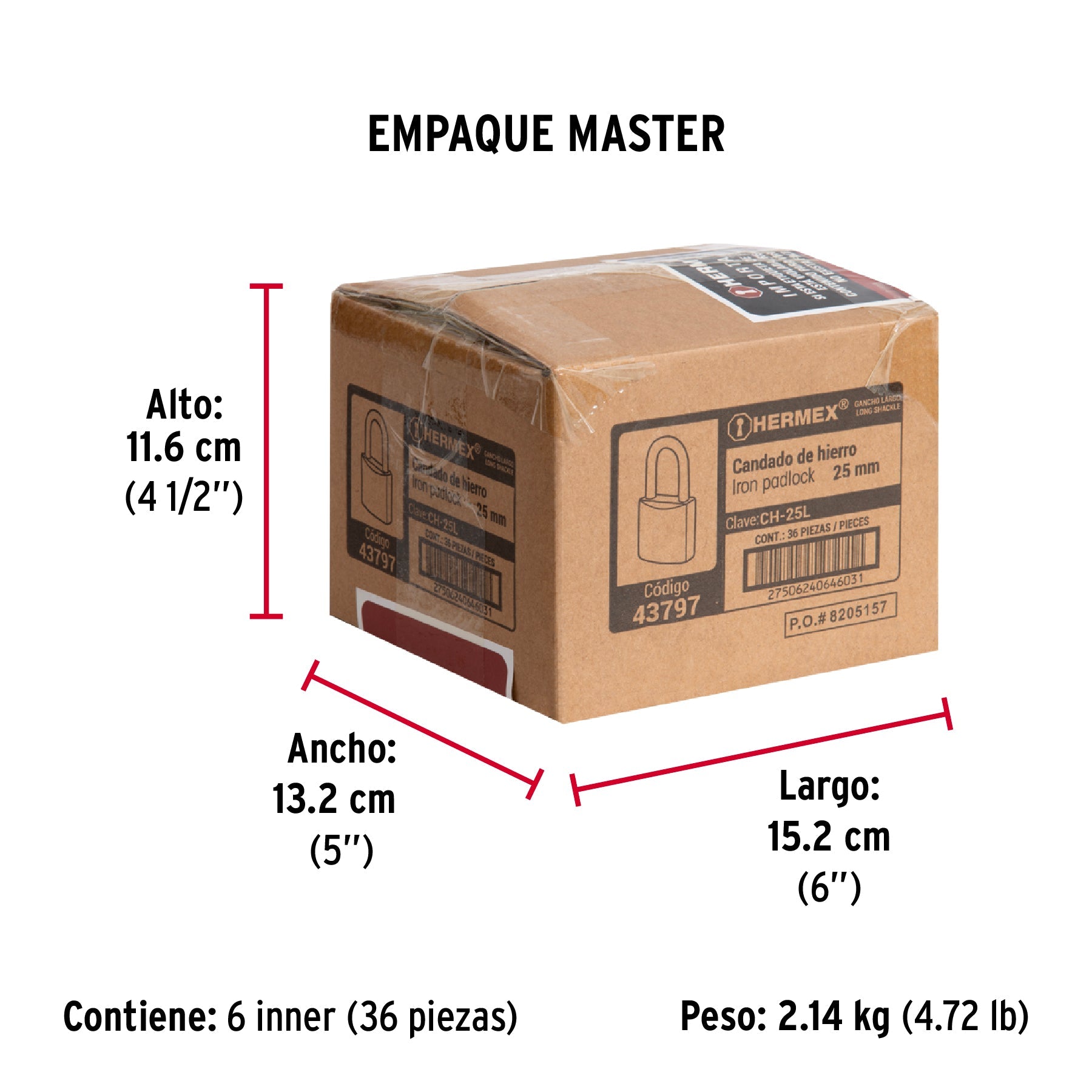 Candado de hierro 25 mm, gancho largo en caja, HERMEX - Empaque