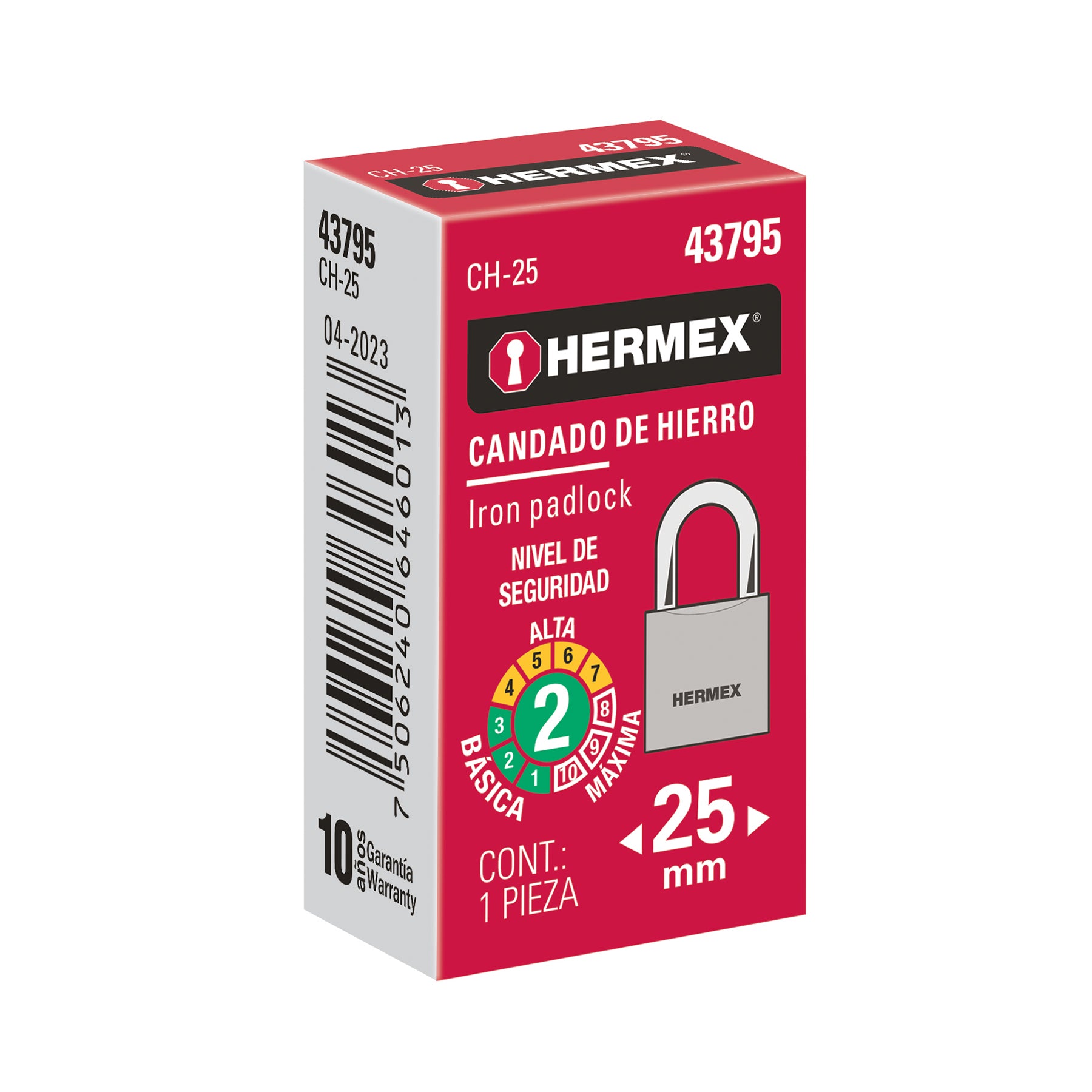 Candado de hierro 25 mm, gancho corto en caja, HERMEX