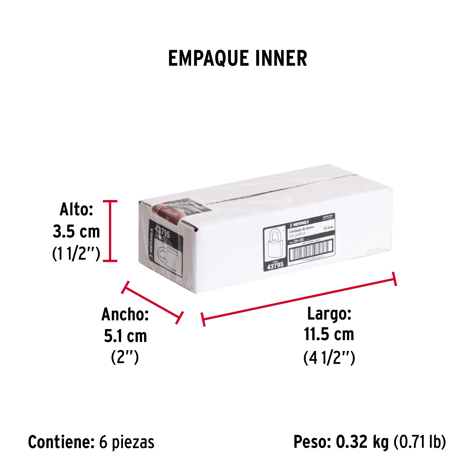 Candado de hierro 25 mm, gancho corto en caja, HERMEX - Empaque
