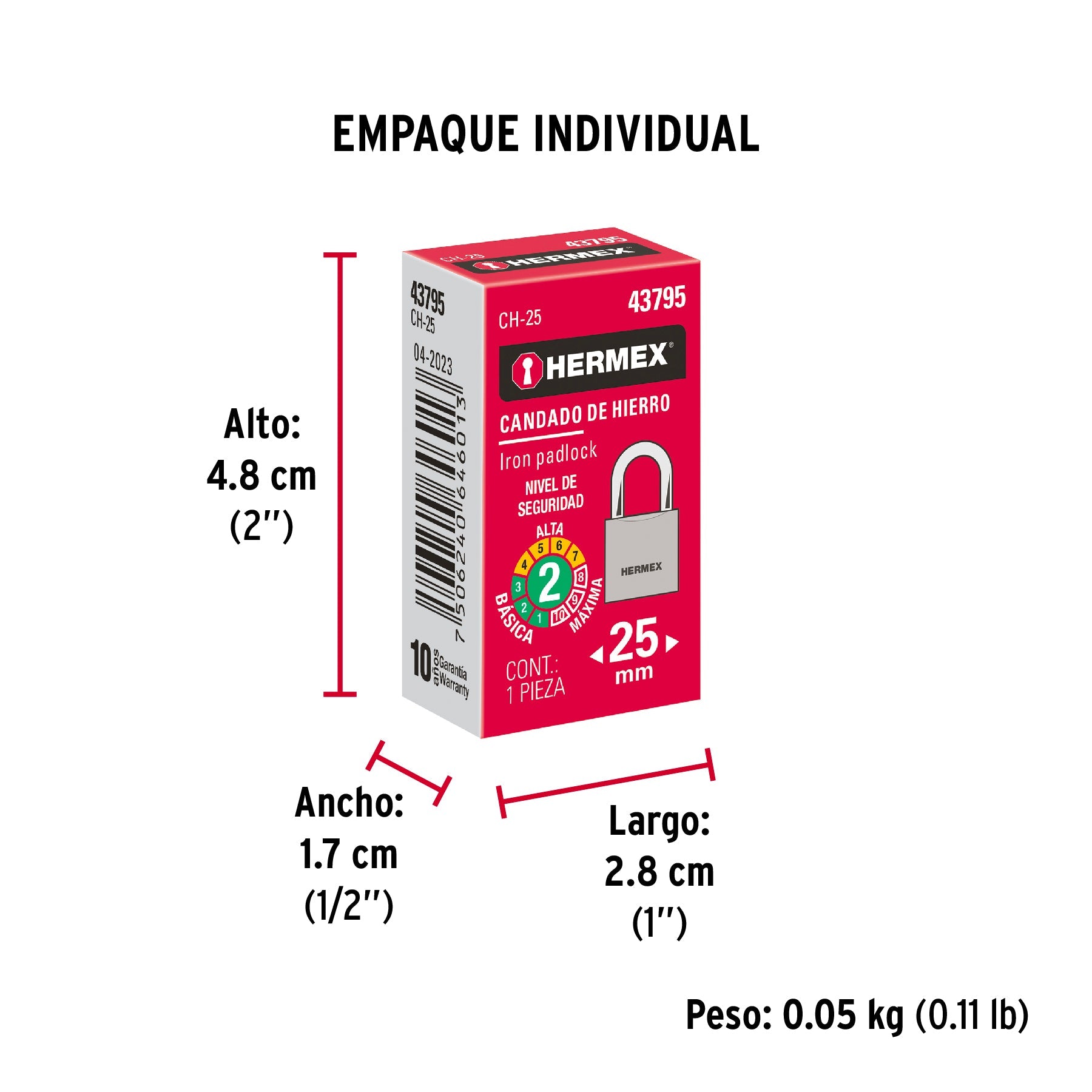 Candado de hierro 25 mm, gancho corto en caja, HERMEX - Empaque