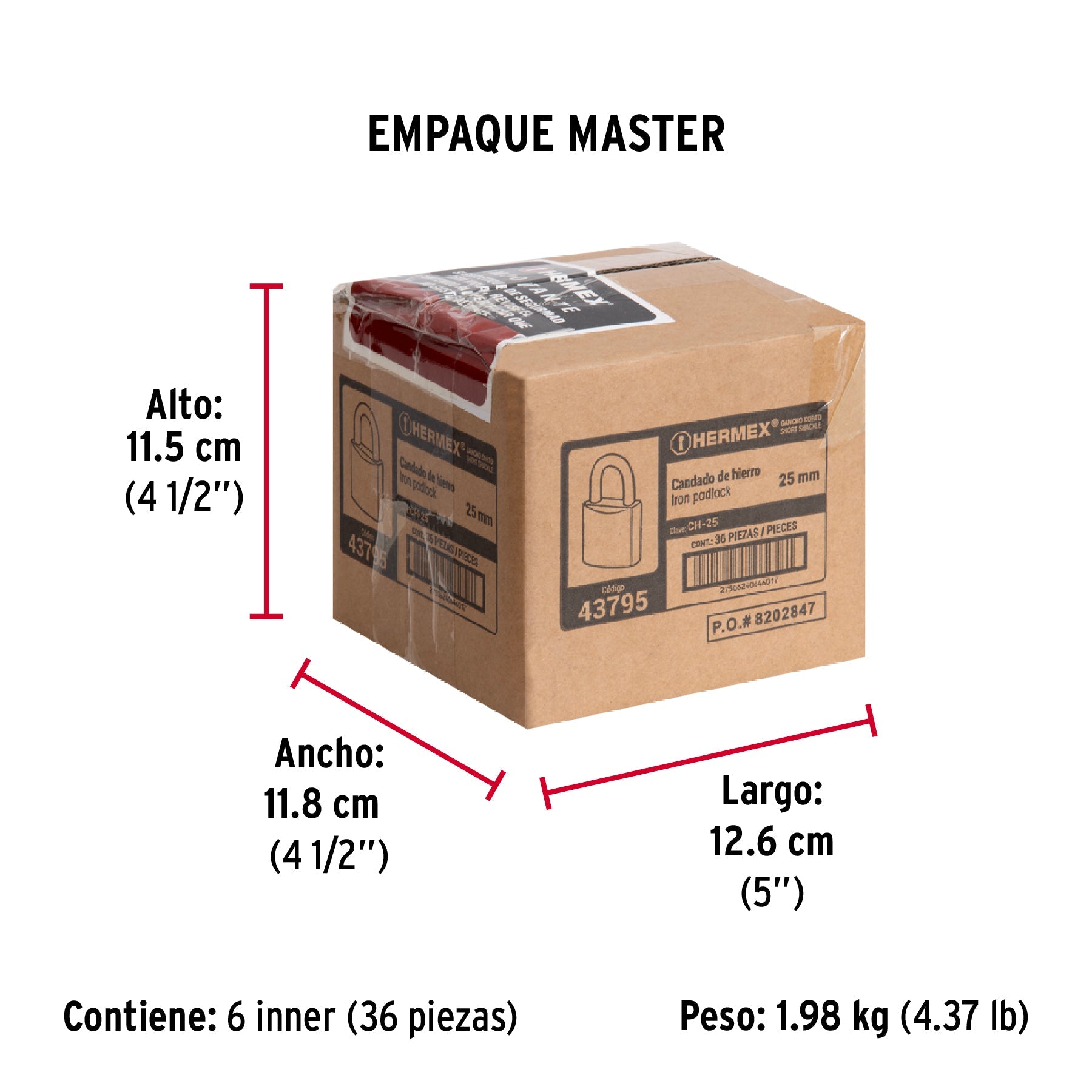 Candado de hierro 25 mm, gancho corto en caja, HERMEX - Empaque