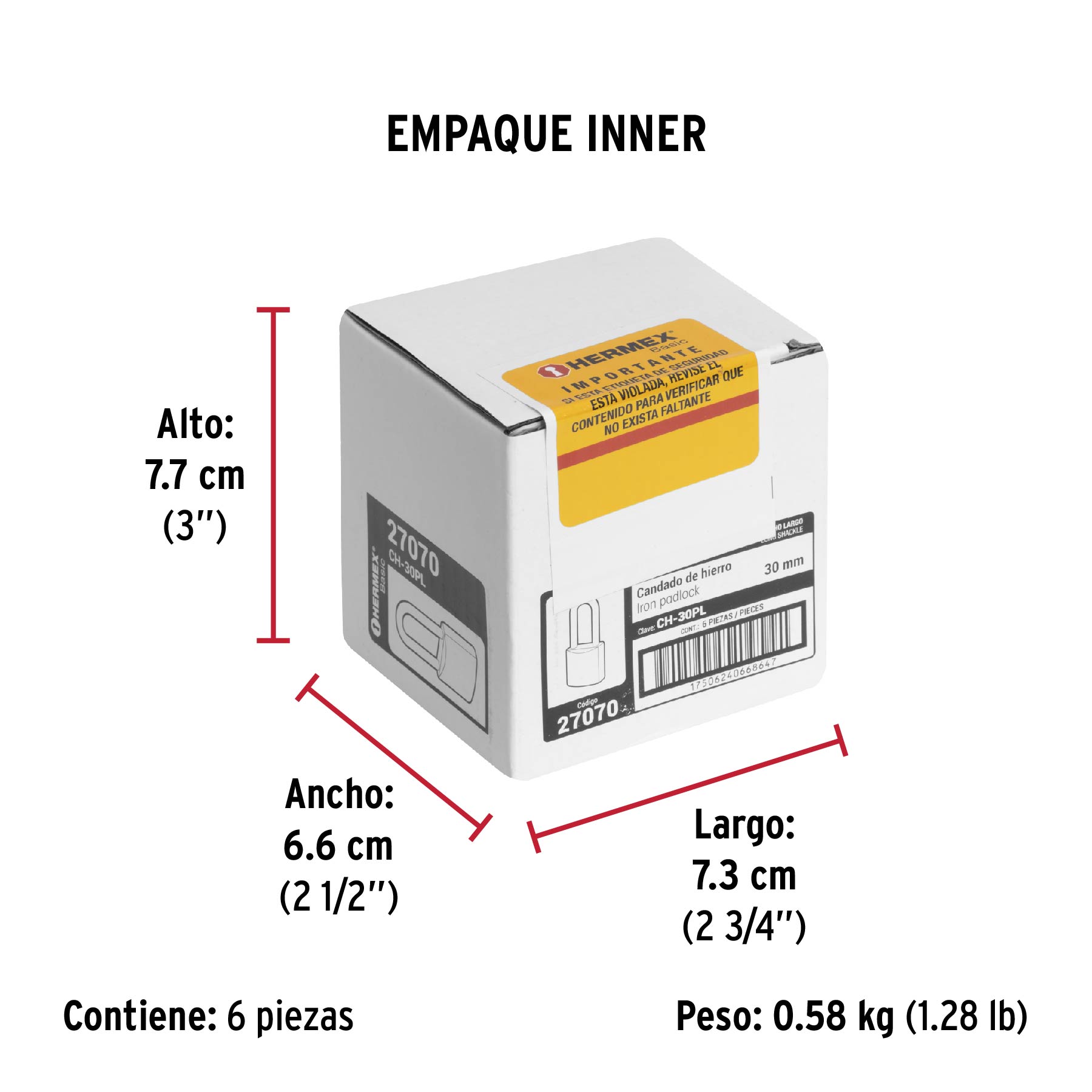 Candado de hierro 30 mm, color latón, largo, caja, BASIC - Empaque