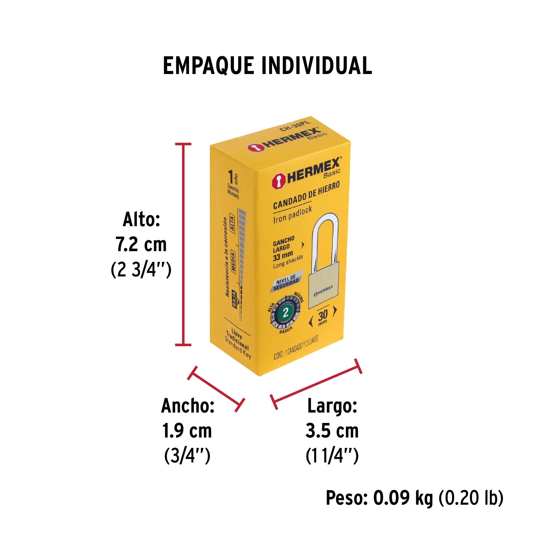 Candado de hierro 30 mm, color latón, largo, caja, BASIC - Empaque