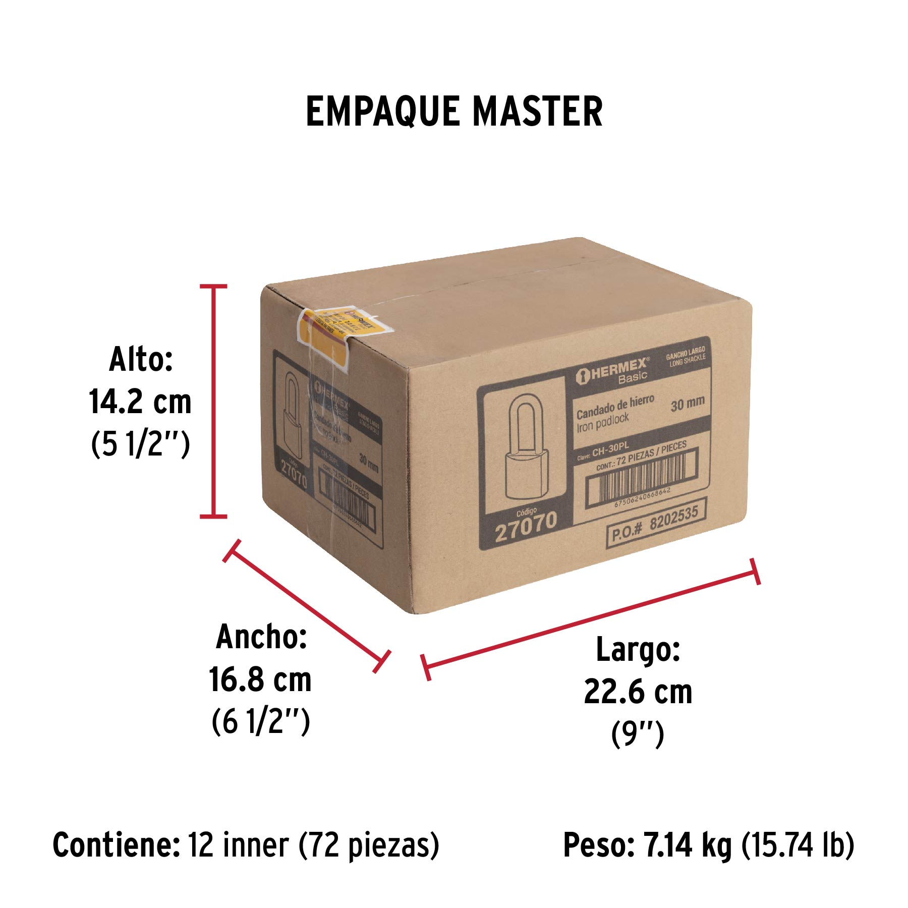 Candado de hierro 30 mm, color latón, largo, caja, BASIC - Empaque