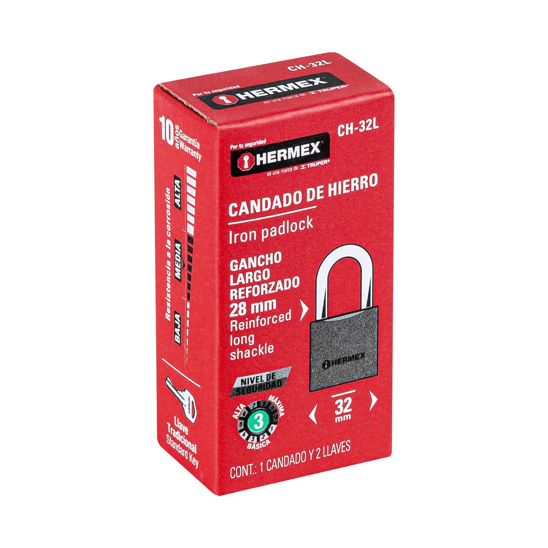 Candado de hierro 32 mm, gancho largo en caja, HERMEX