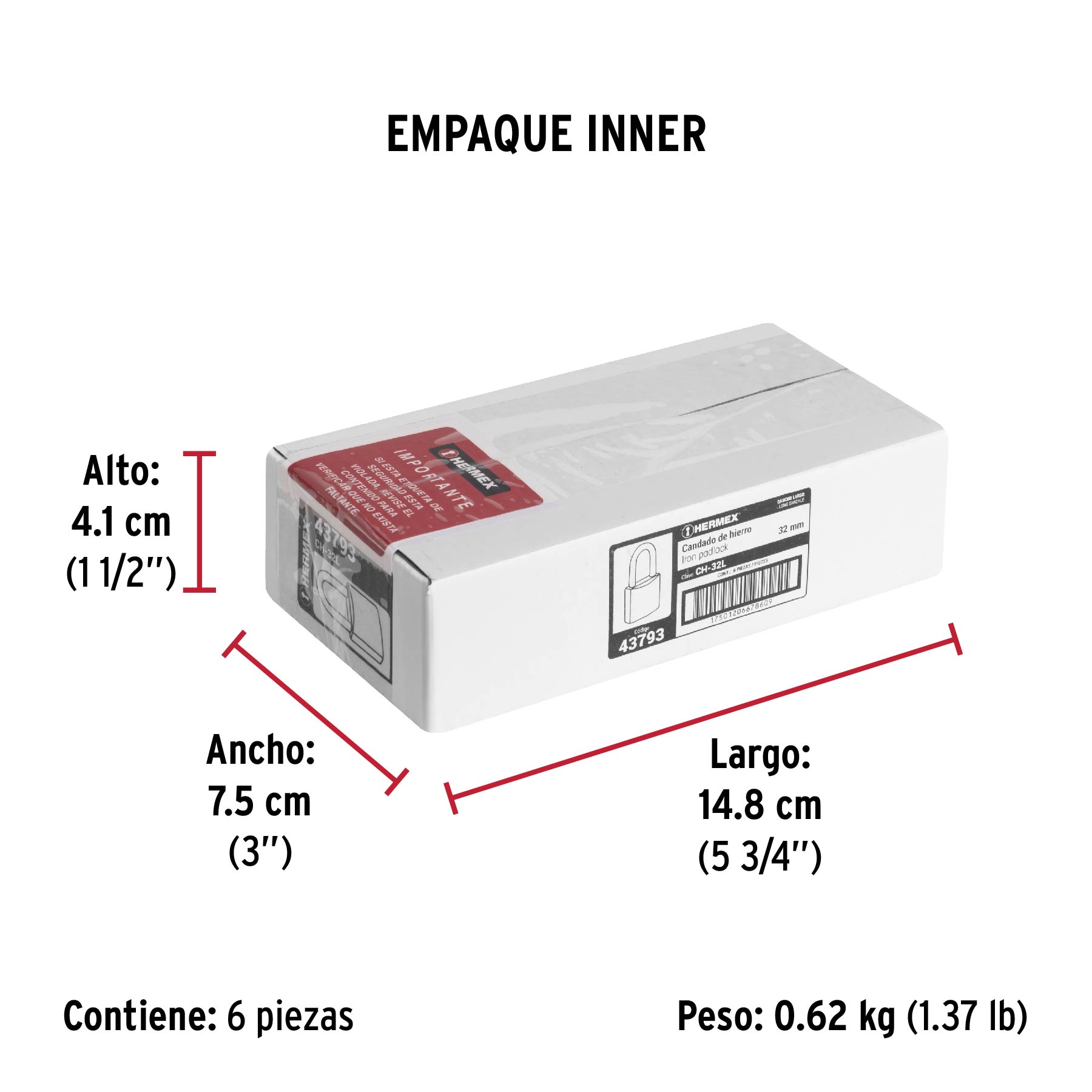 Candado de hierro 32 mm, gancho largo en caja, HERMEX - Empaque