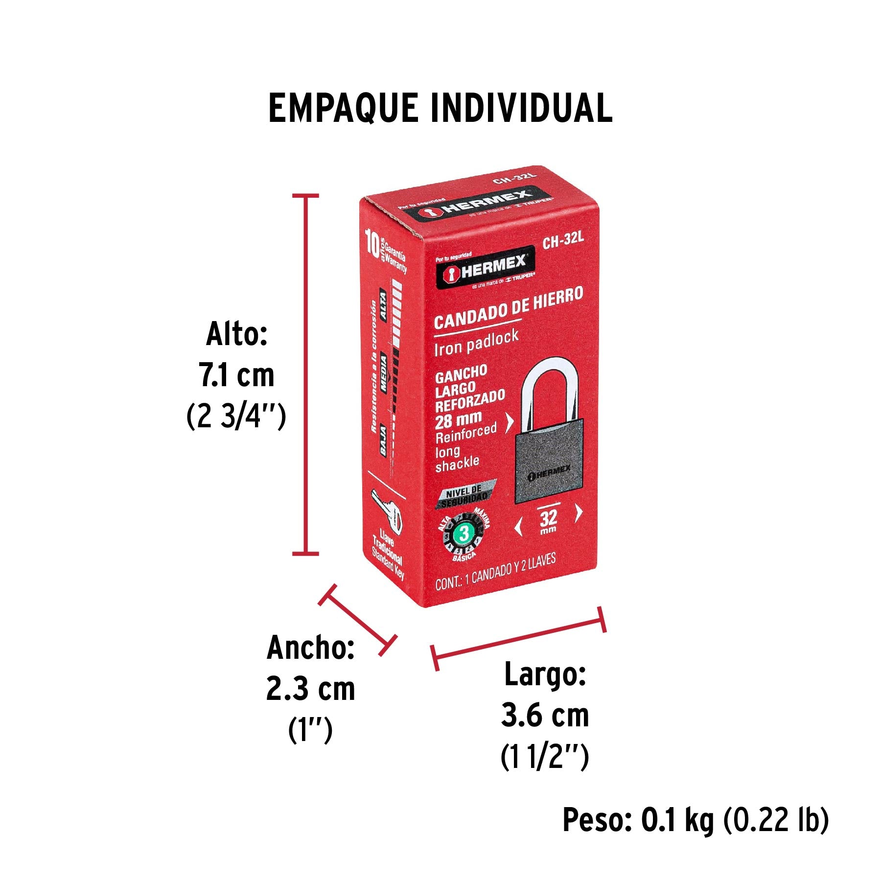 Candado de hierro 32 mm, gancho largo en caja, HERMEX - Empaque