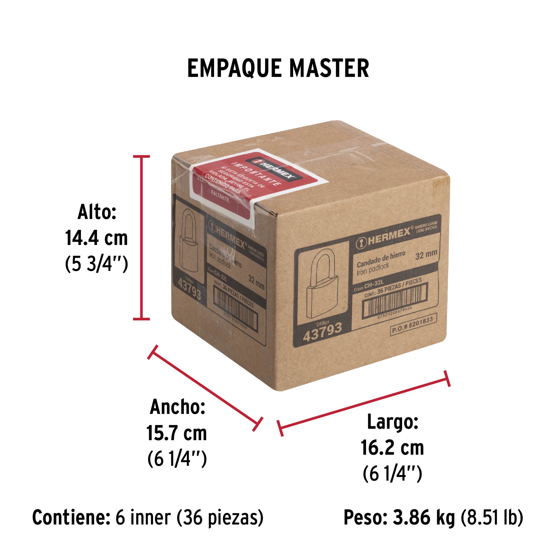 Candado de hierro 32 mm, gancho largo en caja, HERMEX - Empaque