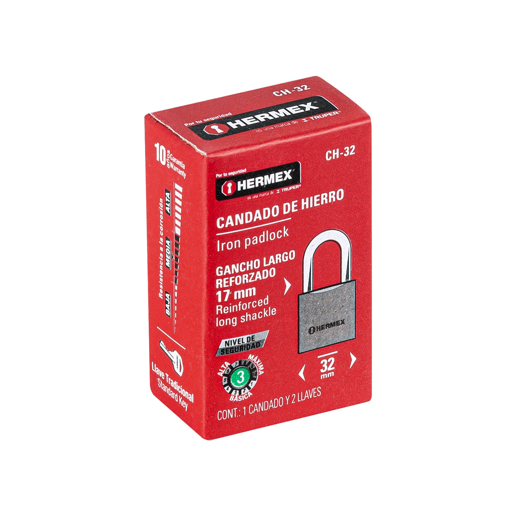 Candado de hierro 32 mm, gancho corto en caja, HERMEX