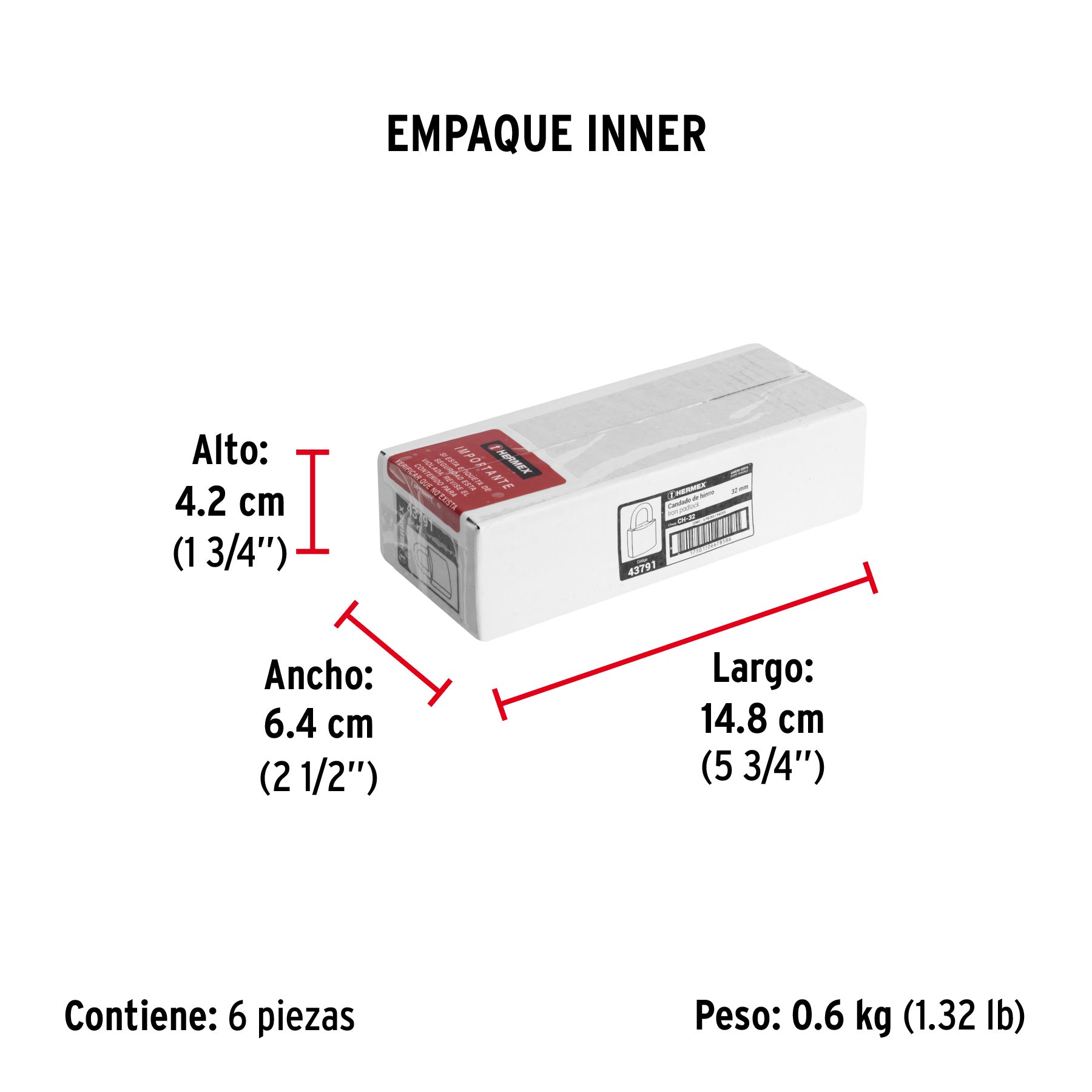Candado de hierro 32 mm, gancho corto en caja, HERMEX - Empaque