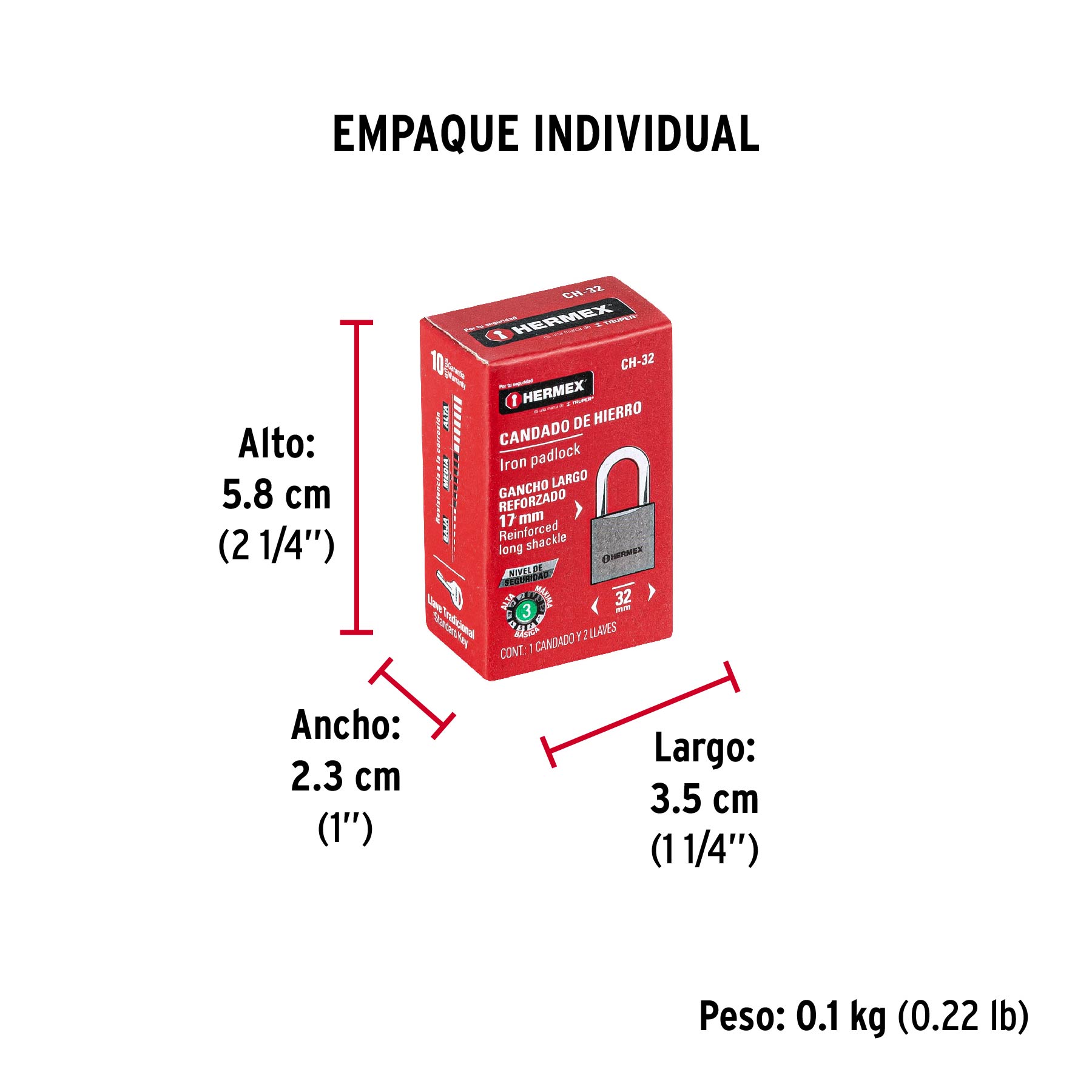 Candado de hierro 32 mm, gancho corto en caja, HERMEX - Empaque