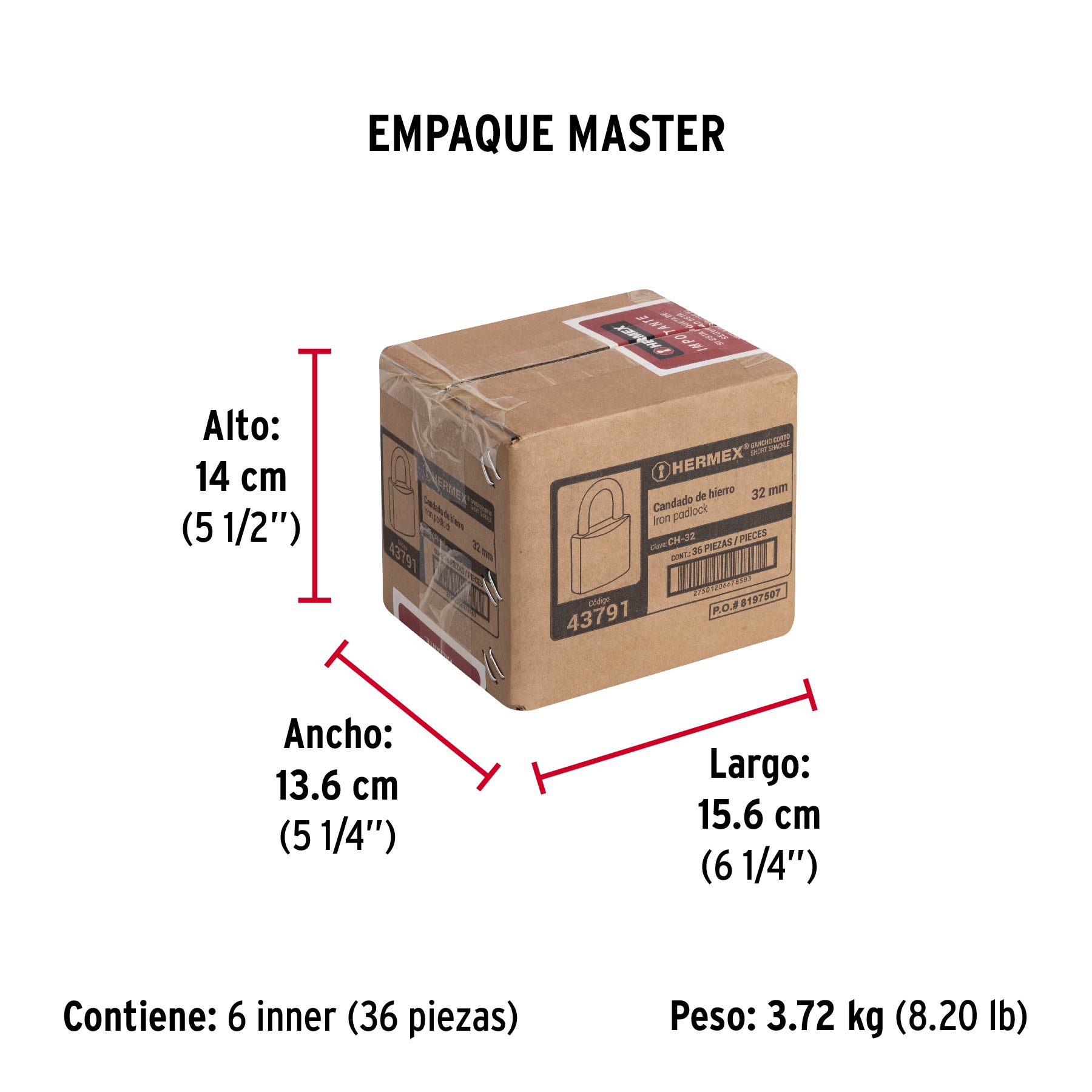 Candado de hierro 32 mm, gancho corto en caja, HERMEX - Empaque