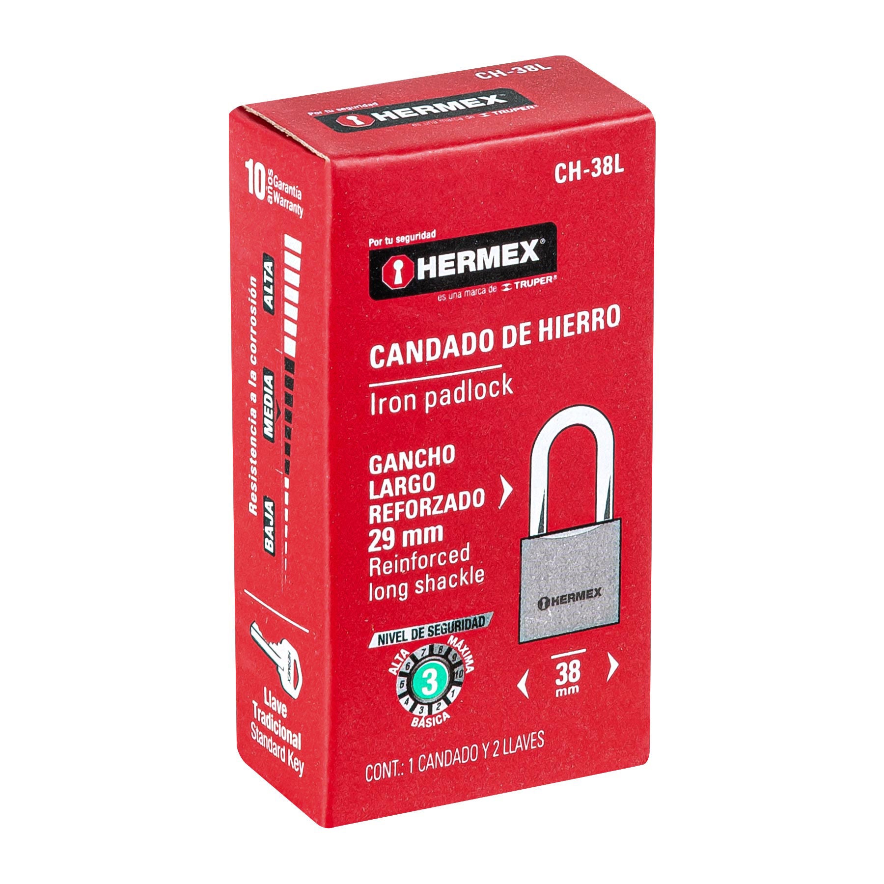 Candado de hierro 38 mm, gancho largo en caja, HERMEX