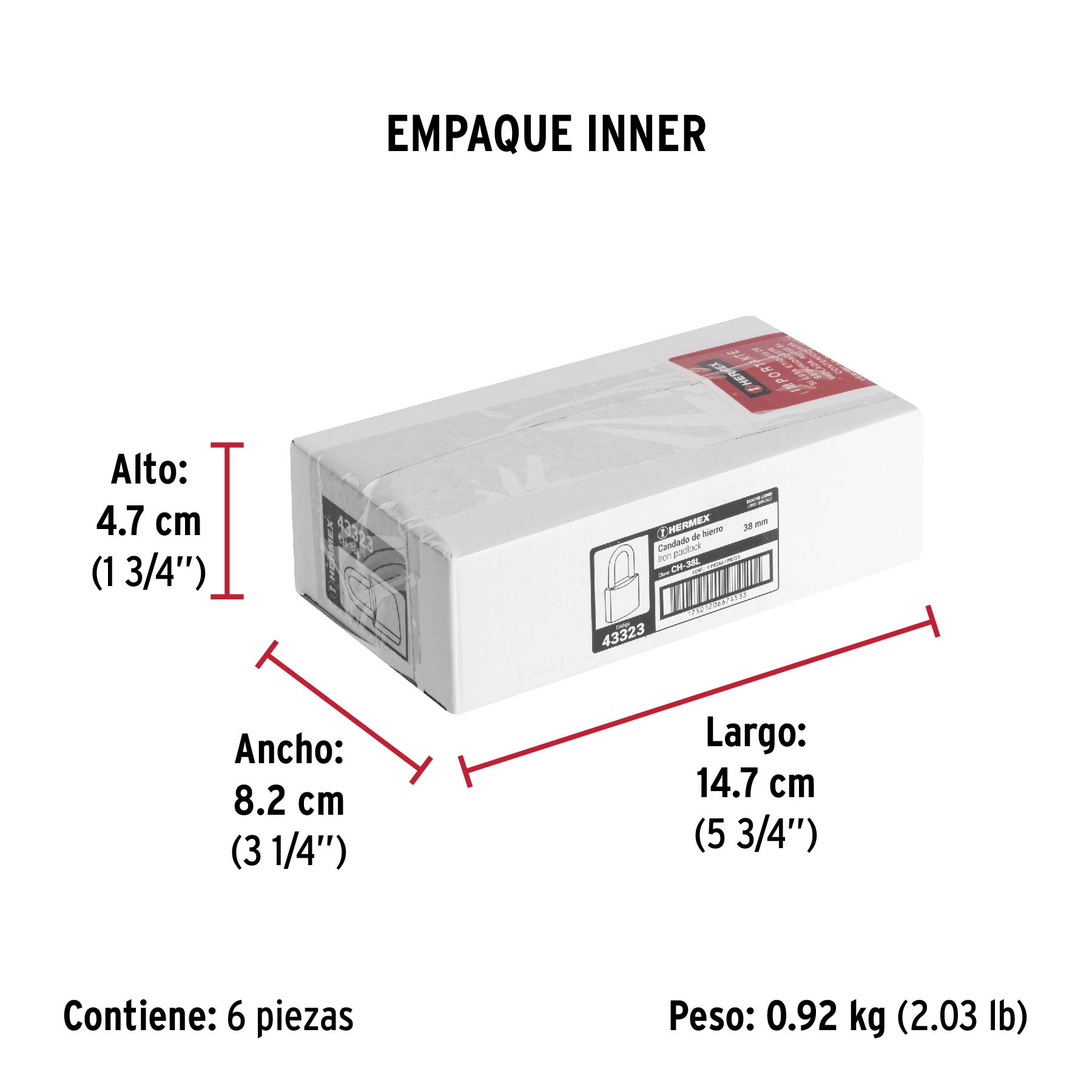 Candado de hierro 38 mm, gancho largo en caja, HERMEX - Empaque